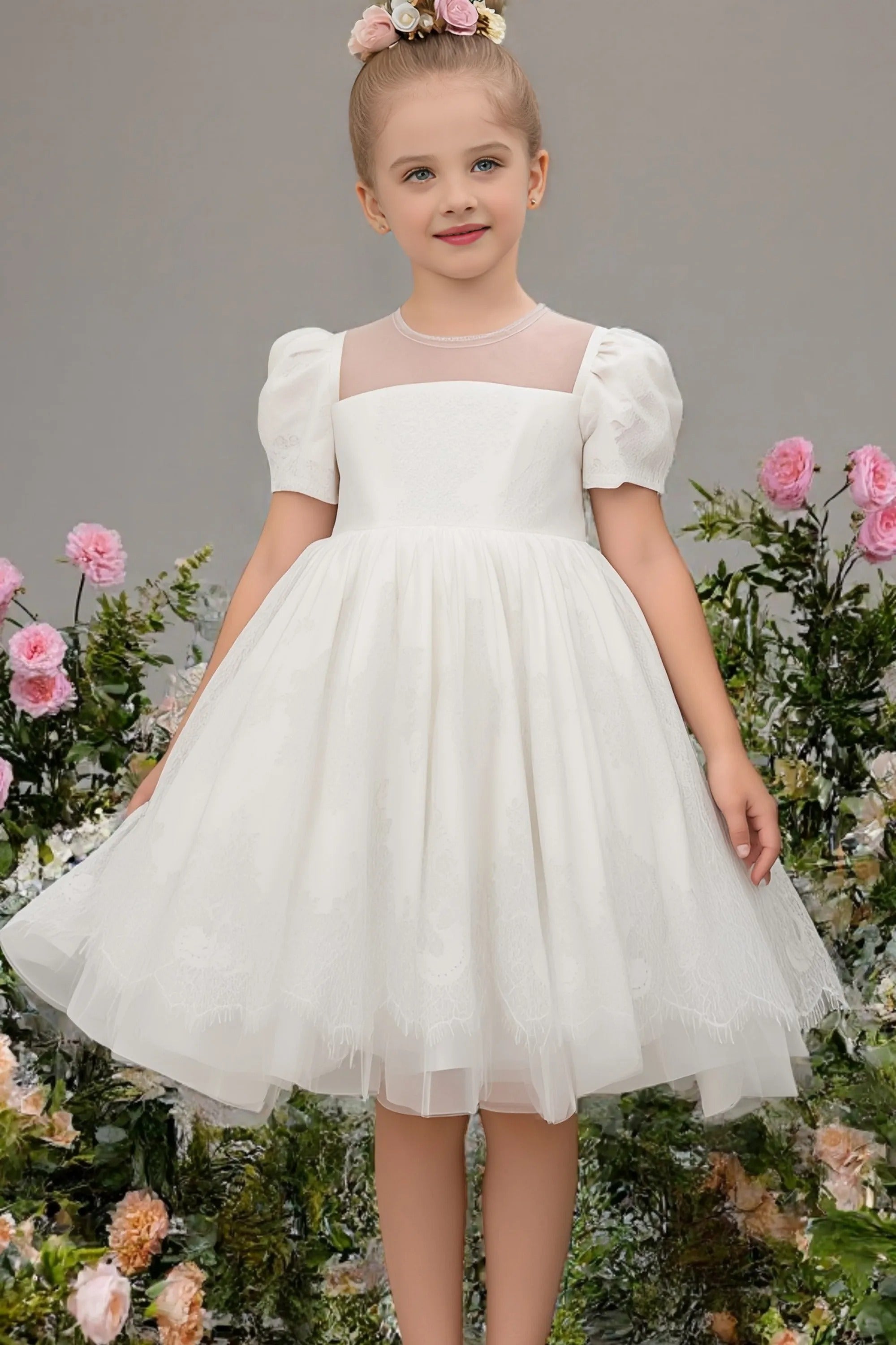BNY Corner Lace Flower Girl Dress - Short Sleeve Roses Embroidery Party Dress For Girls - View #2