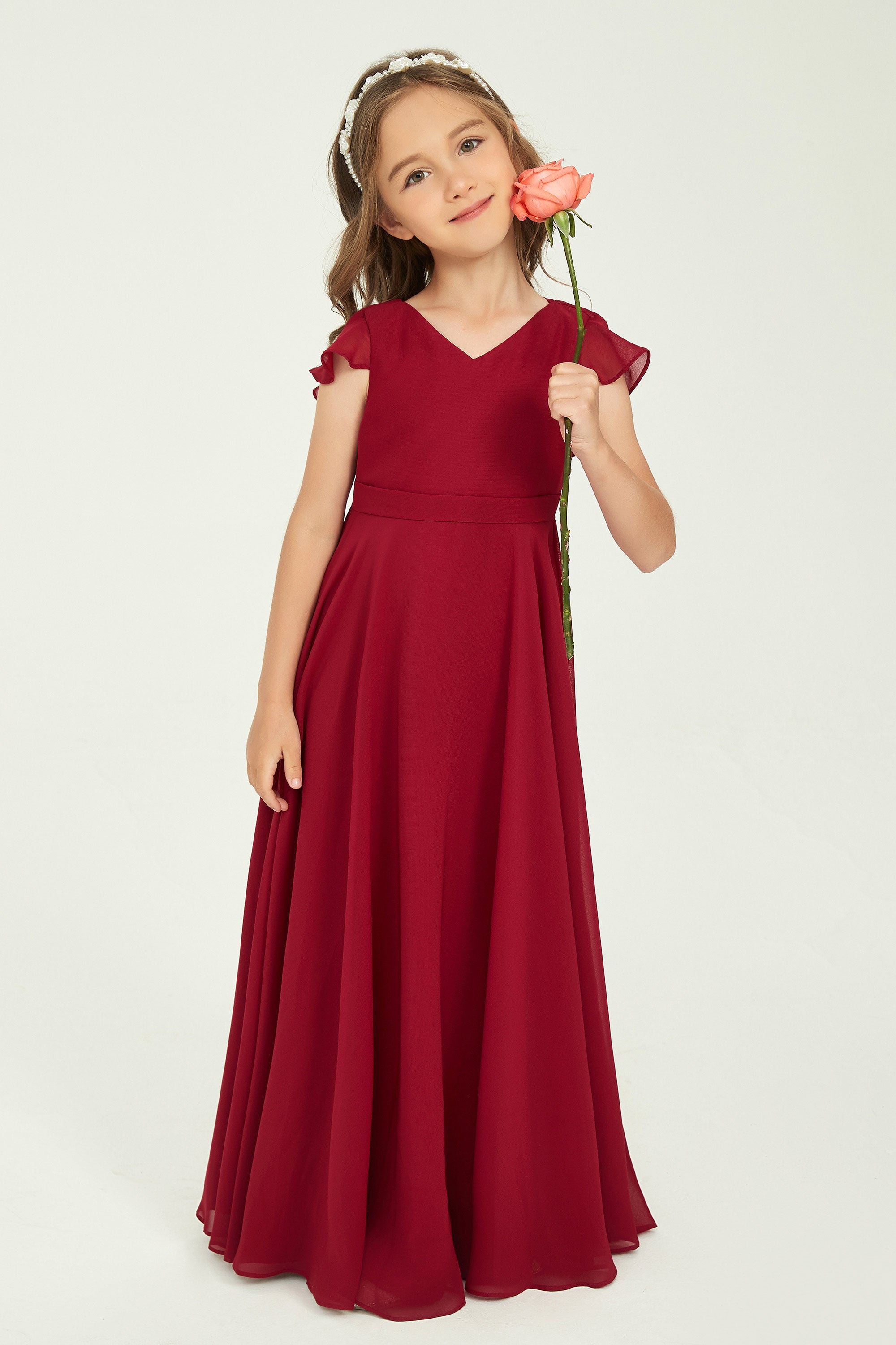 Halter Neck Pleated Long Chiffon Junior Bridesmaid Dress Grape