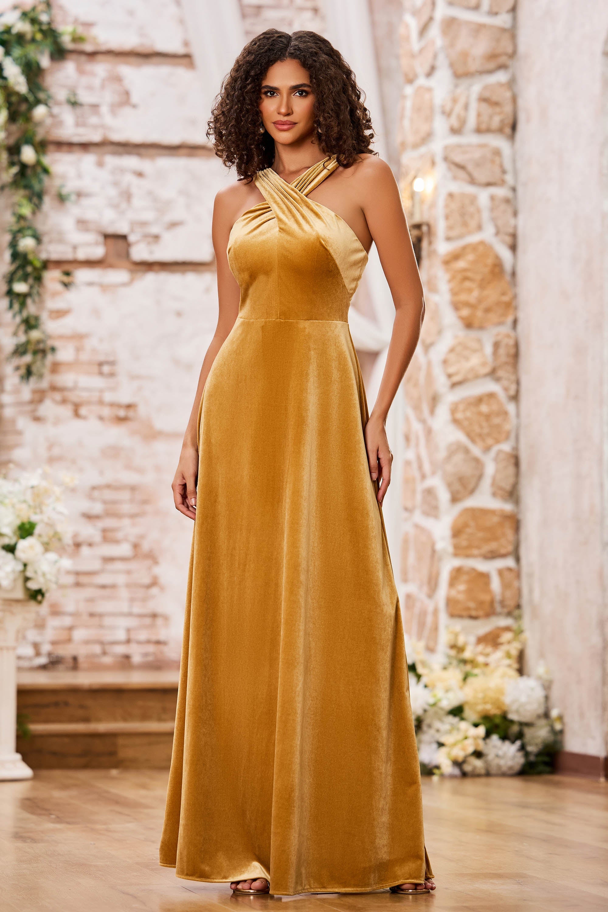 Velvet Grecian Neck Maxi Bridesmaid Gowns Slate Blue