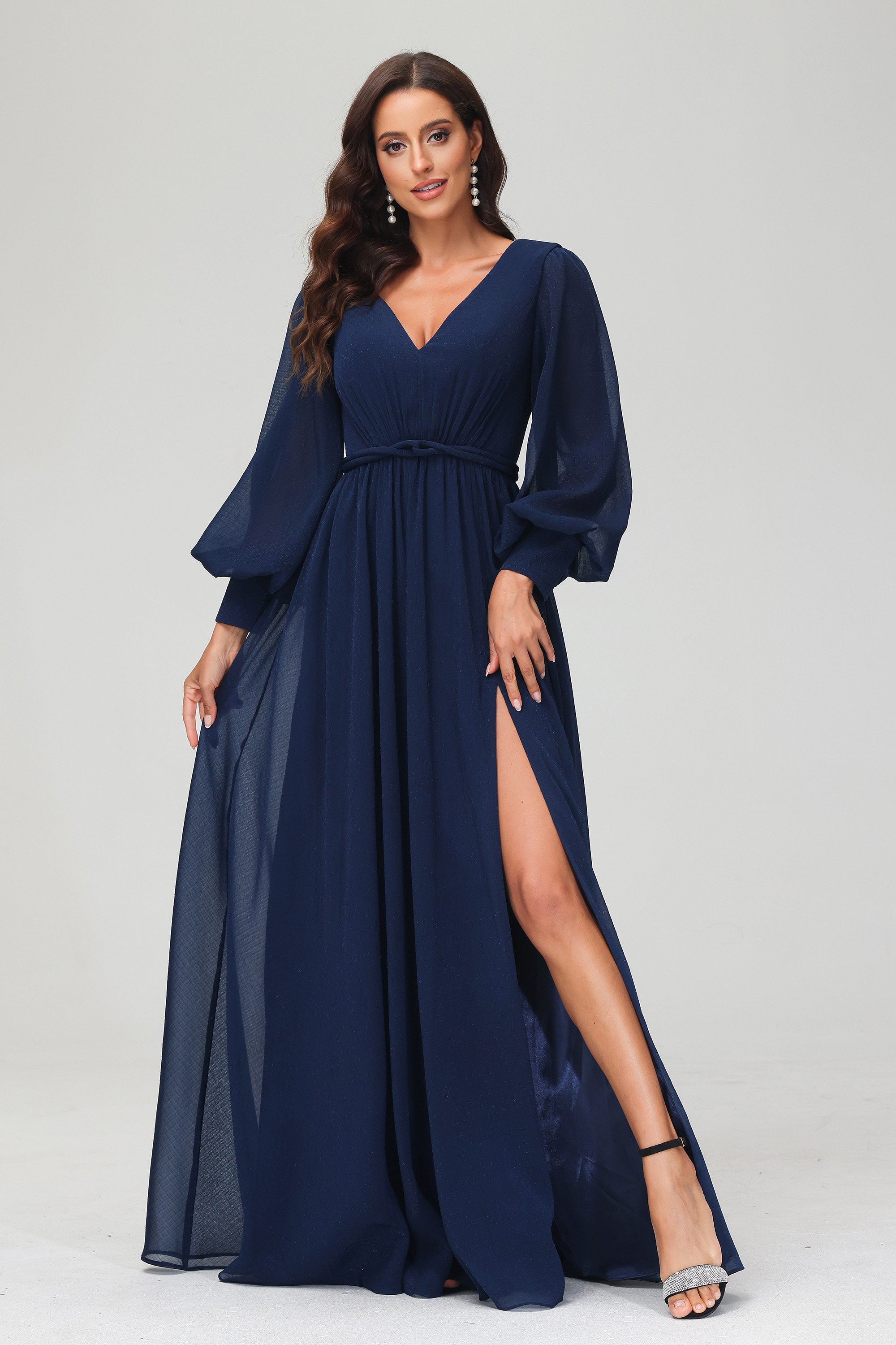 A Line V Neck Long Sleeves Floor Length Dress With Slit – DUNTERY UK