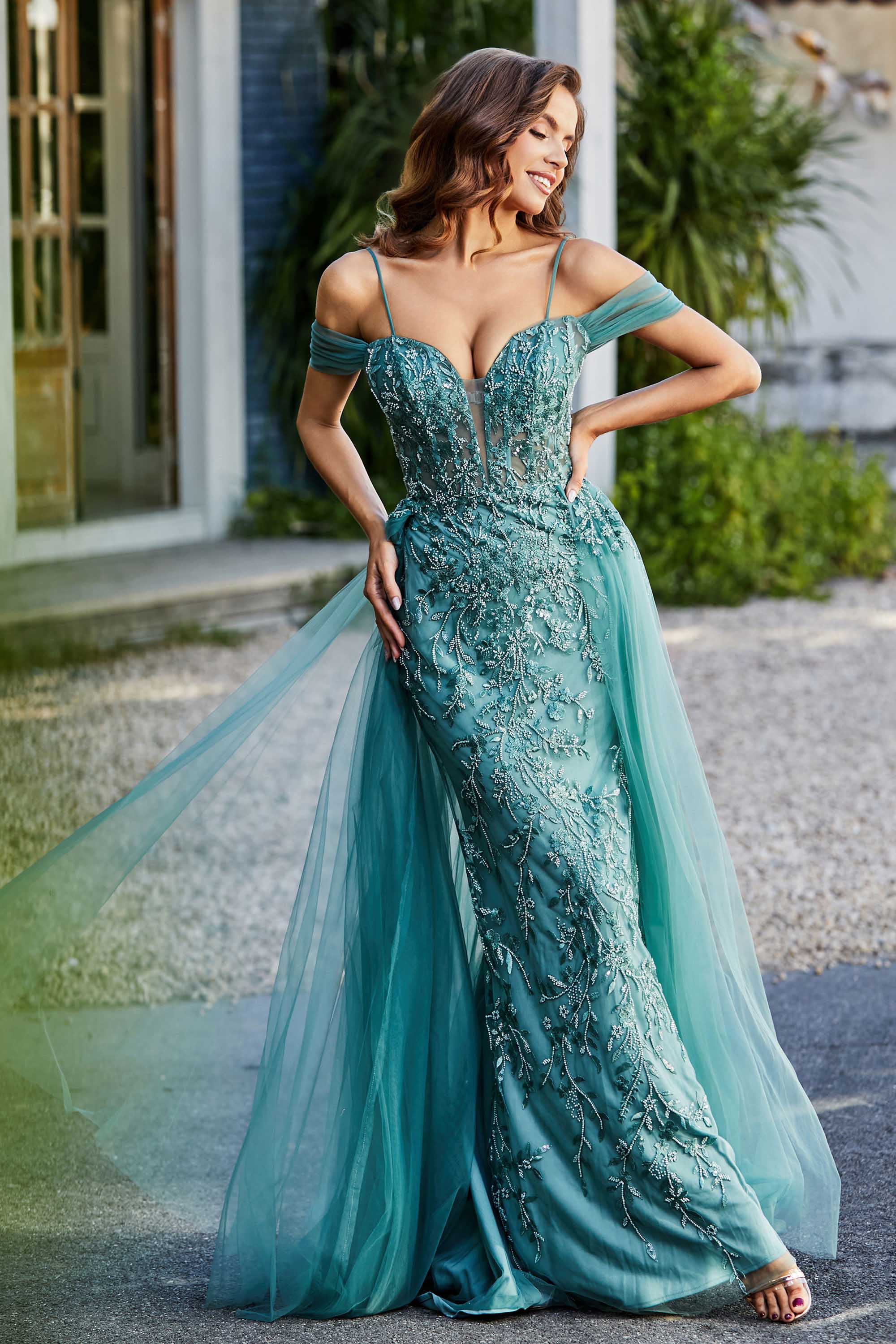Sweetheart Neck Applique Tulle Sweep Train Dress Sky Blue main image 1