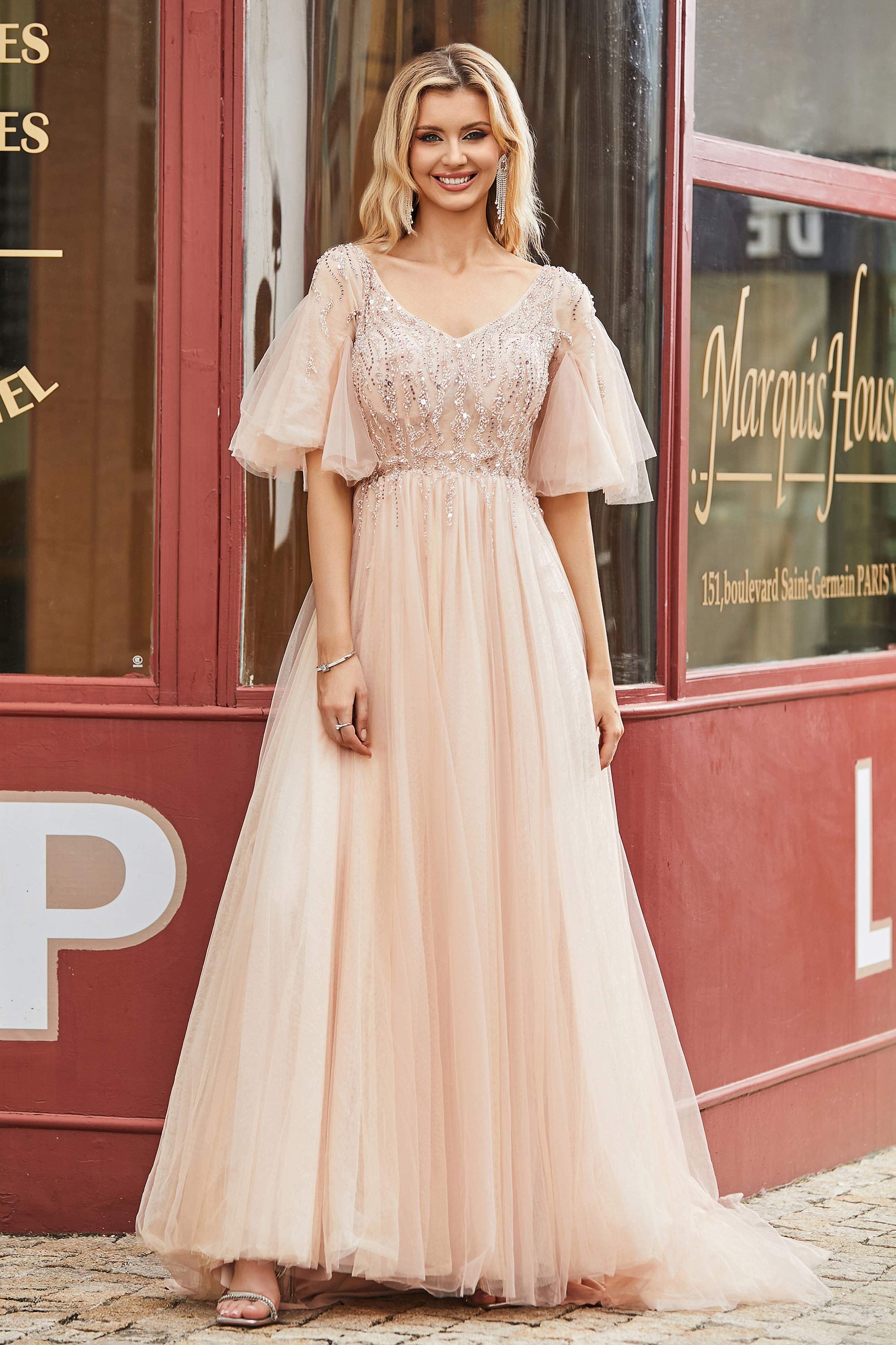 V-neck Flutter Sleeves Beaded A-Line Tulle Maxi Dress – DUNTERY UK