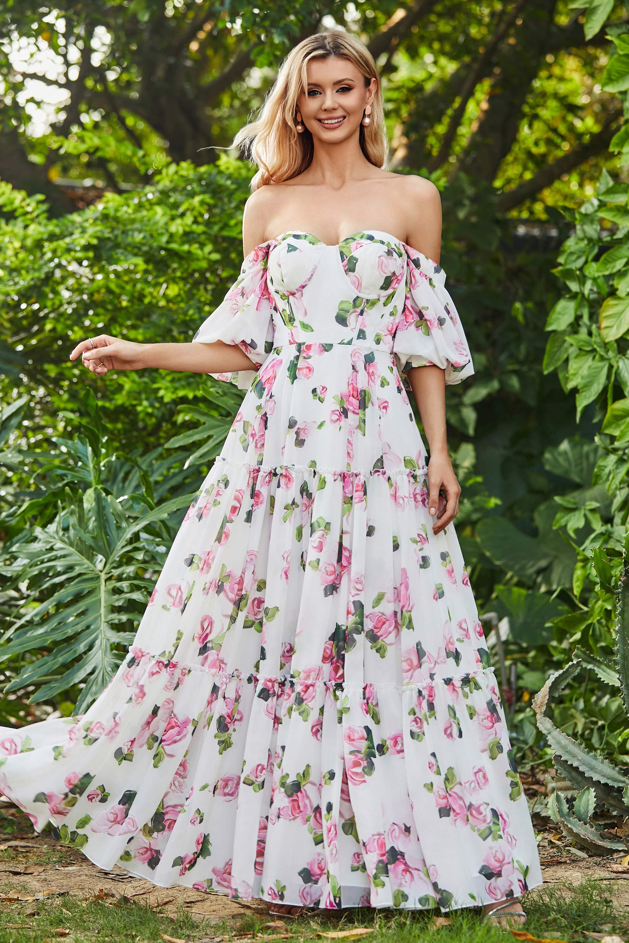 Floral Off Shoulder Ruffled Chiffon Long Dress DUNTERY UK Floral Off Shoulder Ruffled Chiffon Long Dress DUNTERY UK