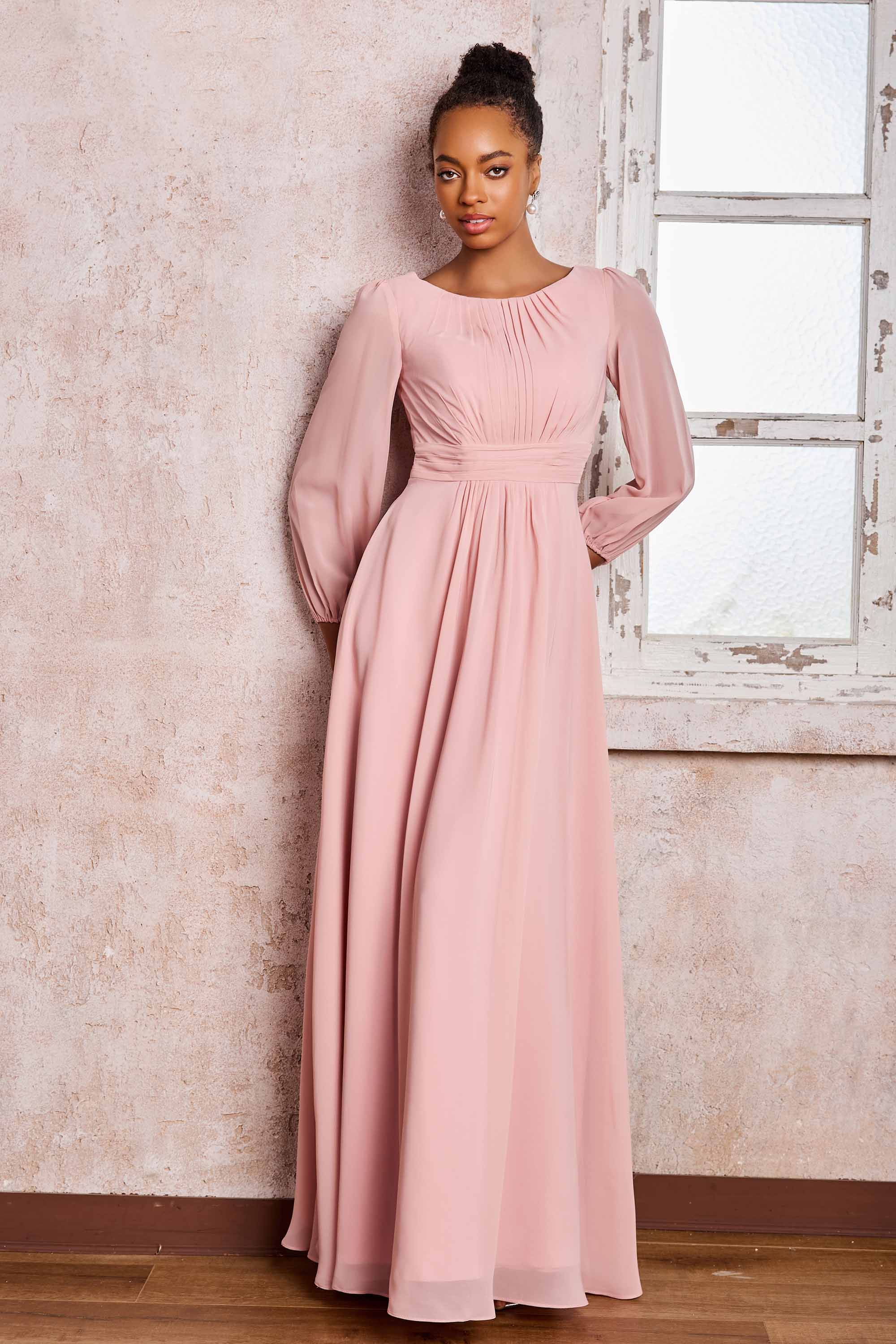 Cap Sleeve Pleated A-Line Chiffon Long Dress Dusty Blue main image 1
