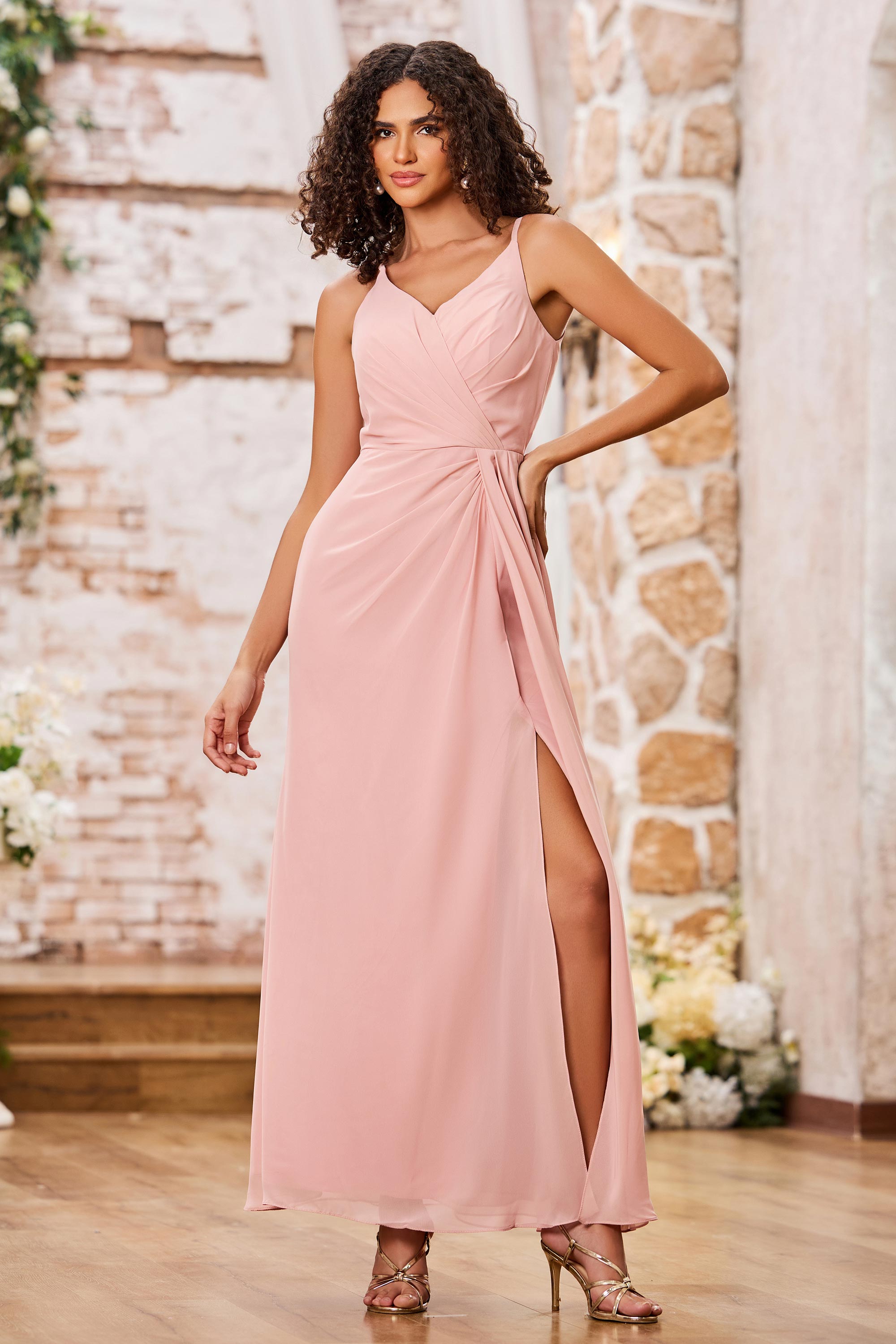 Cap Sleeves V-neck Chiffon Dress with Slit Steel Grey main image 0