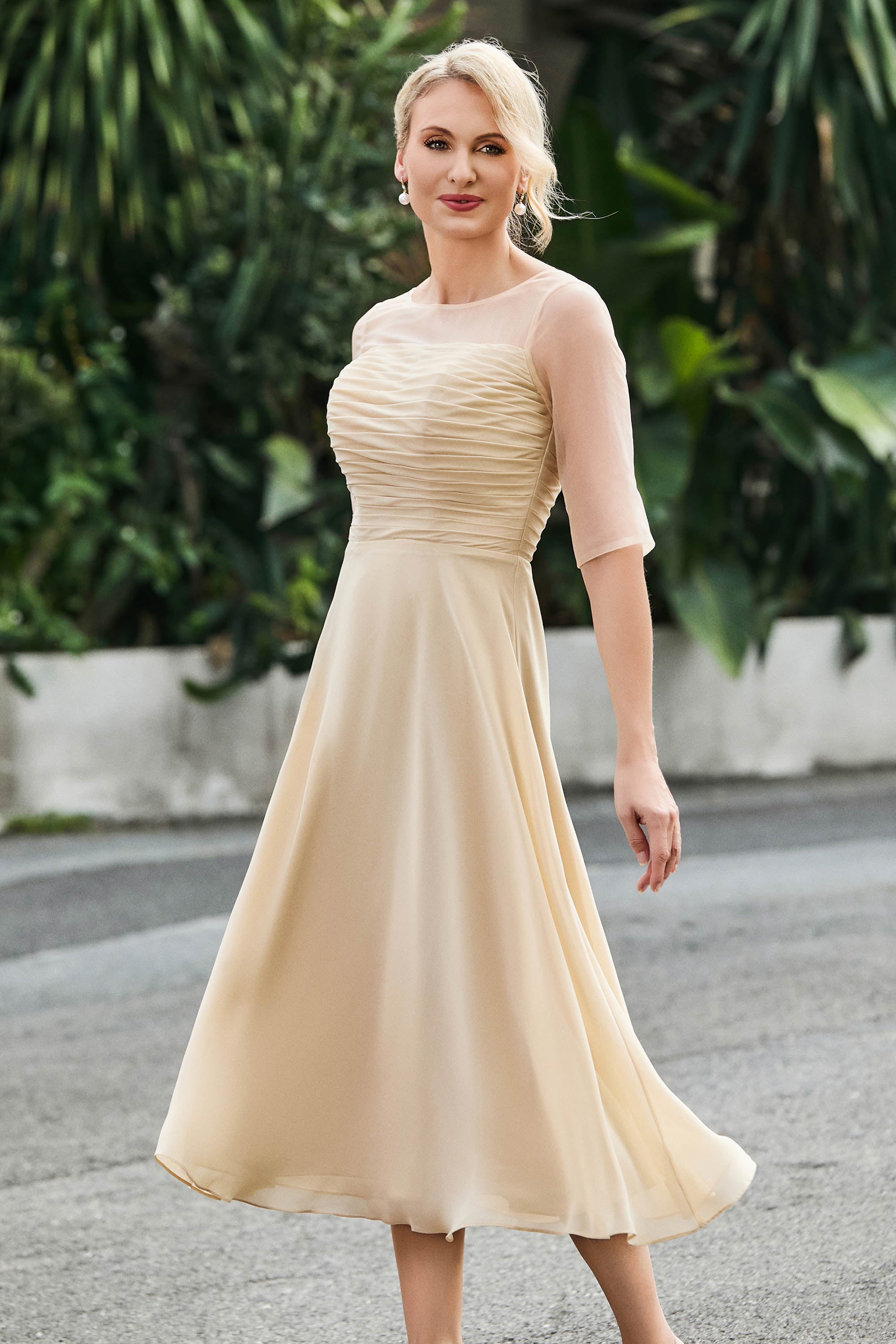 Illusion Neckline Half Sleeve Chiffon Dress Dusk Plus Size