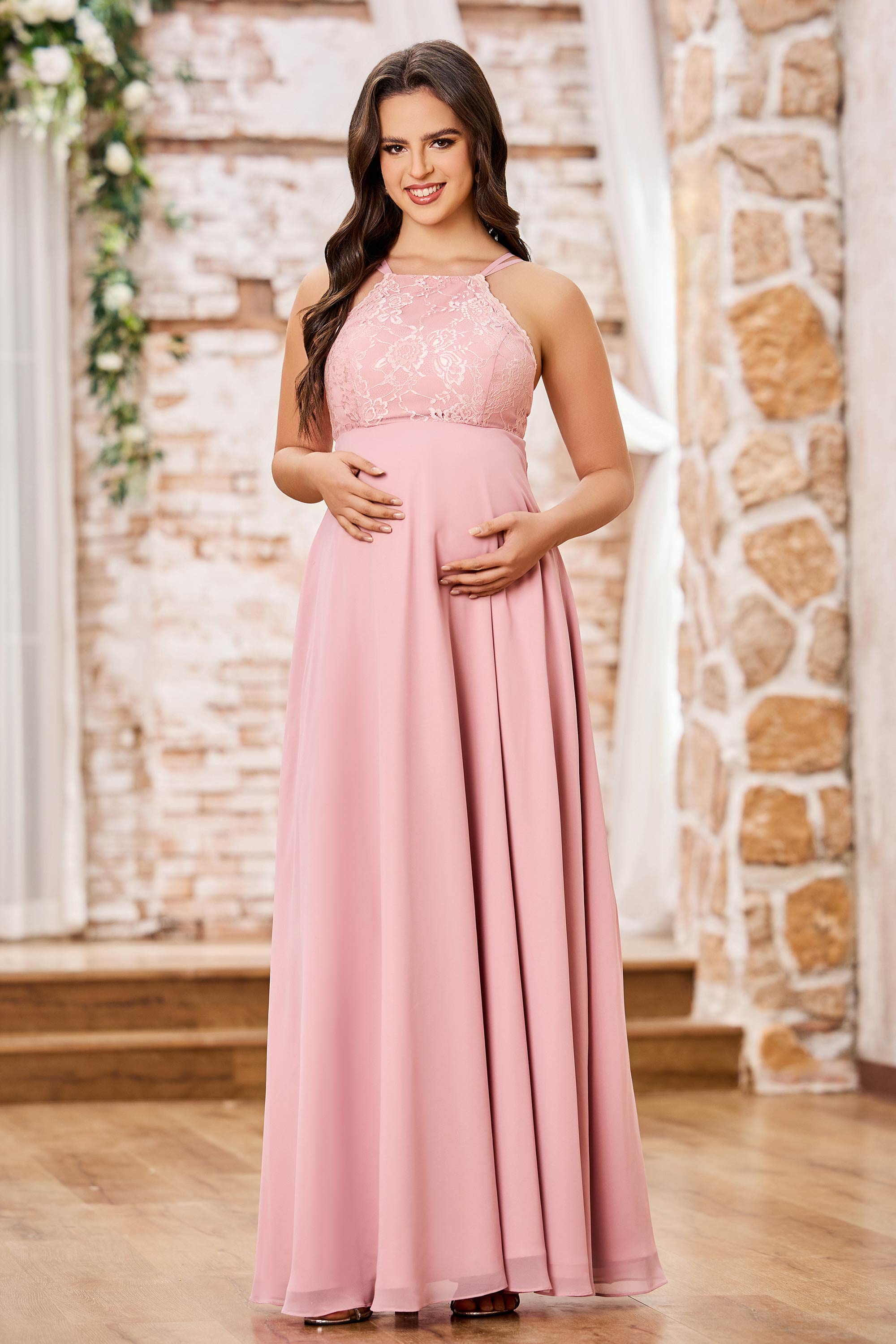 Lace Top Chiffon A-Line Long Maternity Dresses – DUNTERY UK
