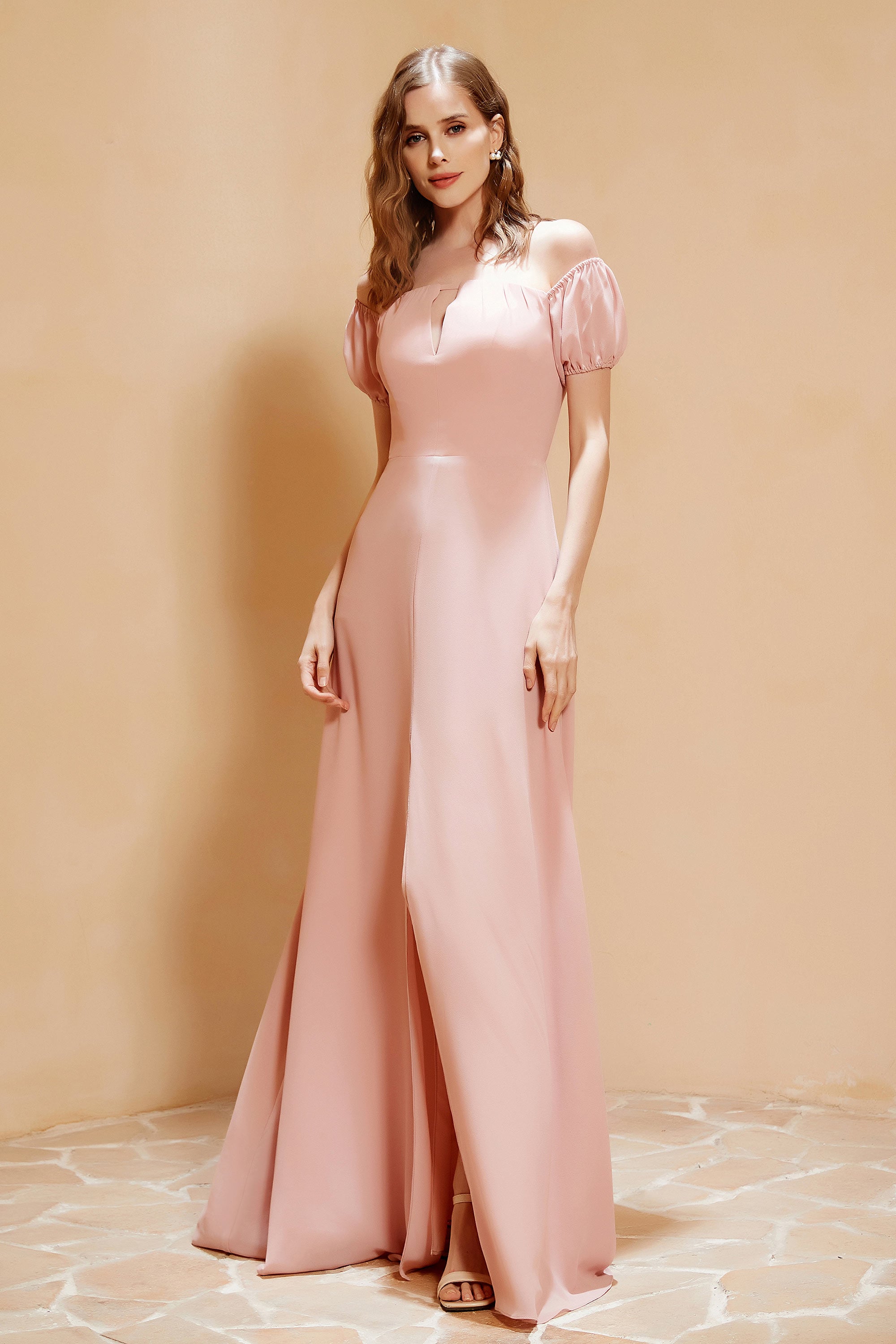 Off the Shoulder Chiffon Floor-Length Dress with Slit Dark Navy Plus Size