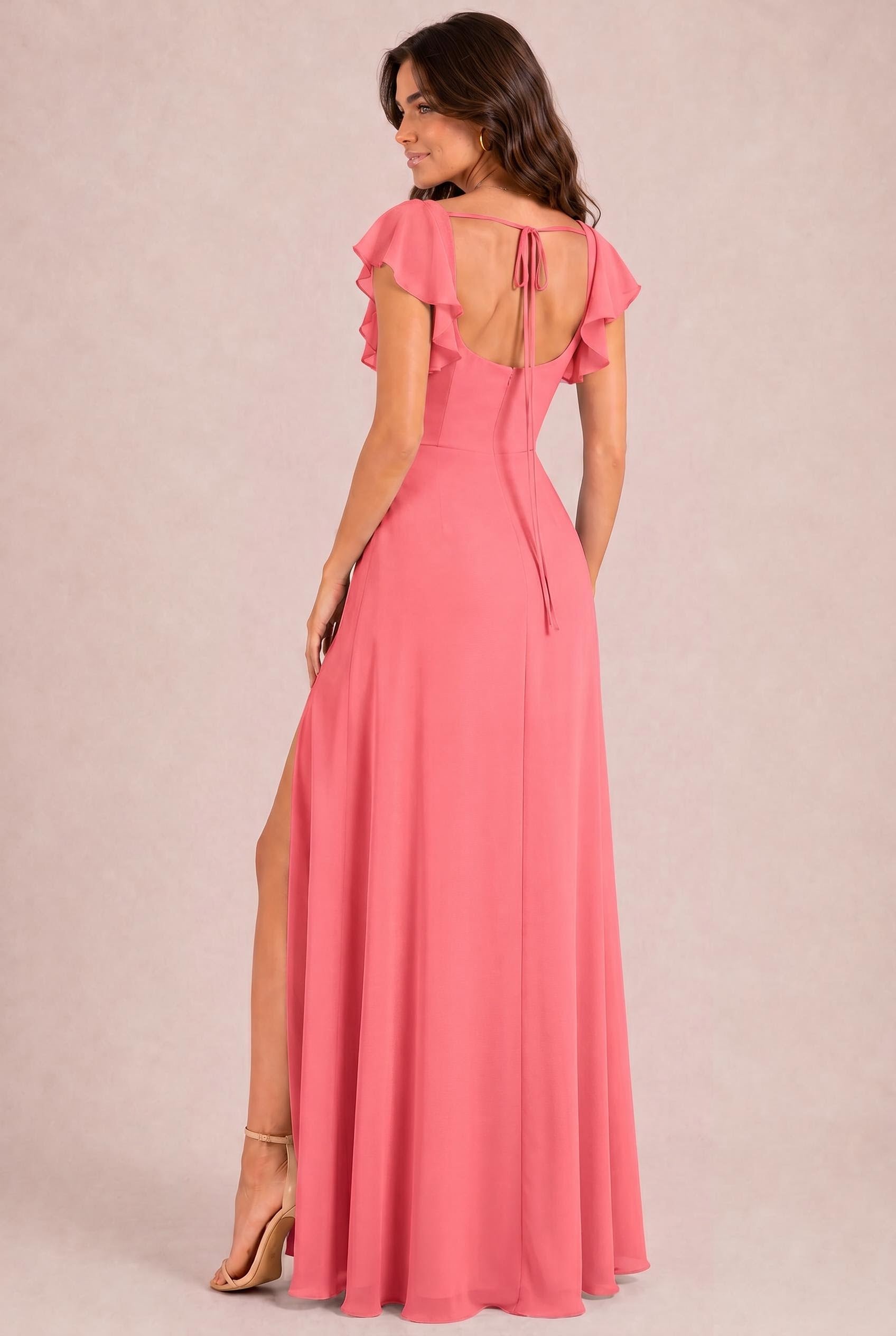 Formal Dress Watermelon Bridesmaid Dresses Chiffon A-Line Bridesmaid Dress Flutter Sleeve Romantic – DUNTERY UK
