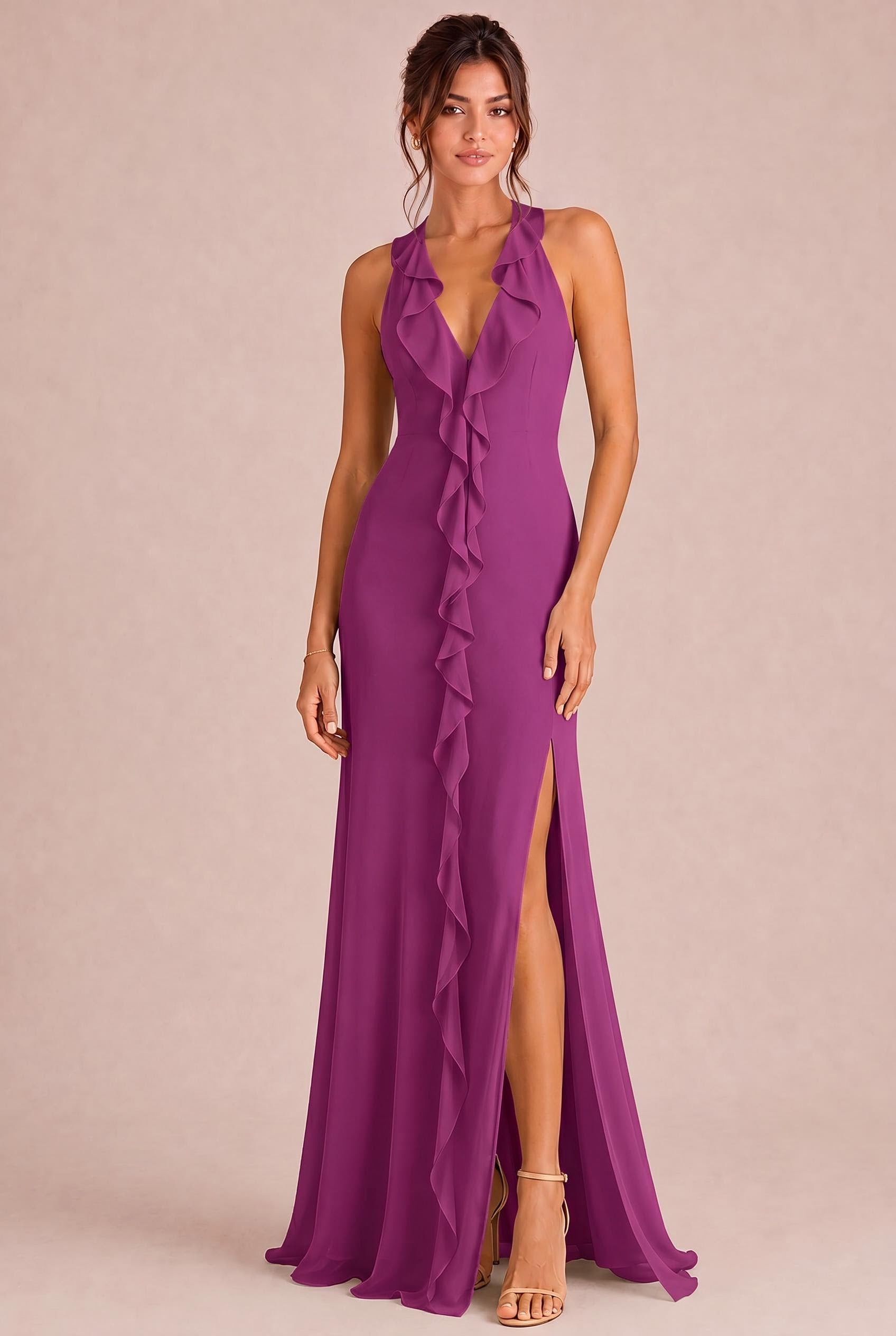 orchid bridesmaid dresses uk Ruffle Halter Dress Size:16 - L The Clemmie Orchid Pink model: samantha_a Posy Blossom One Shoulder