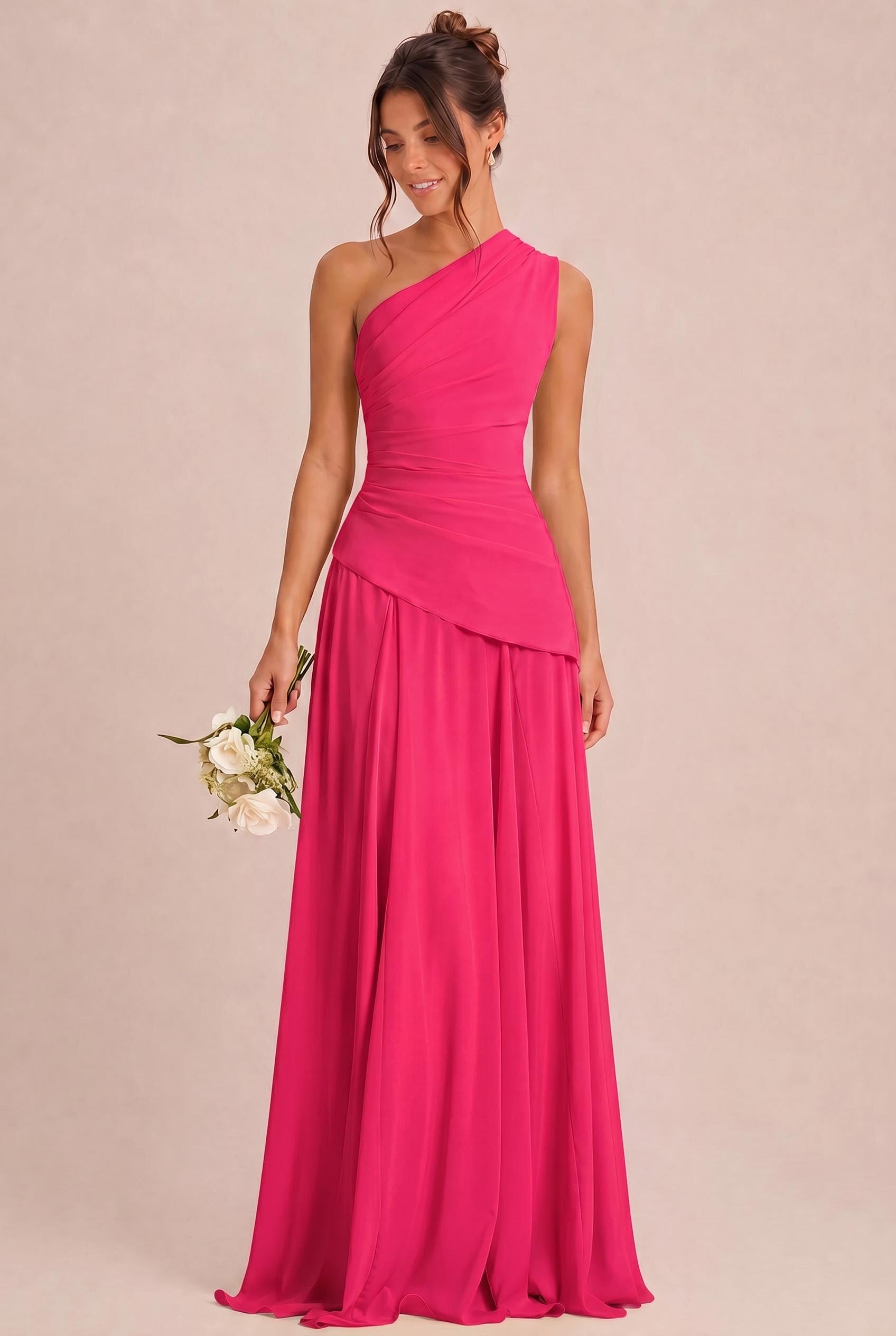 hot pink bridesmaid dresses uk One Shoulder Chiffon Dress If you choose custom Size:5'6