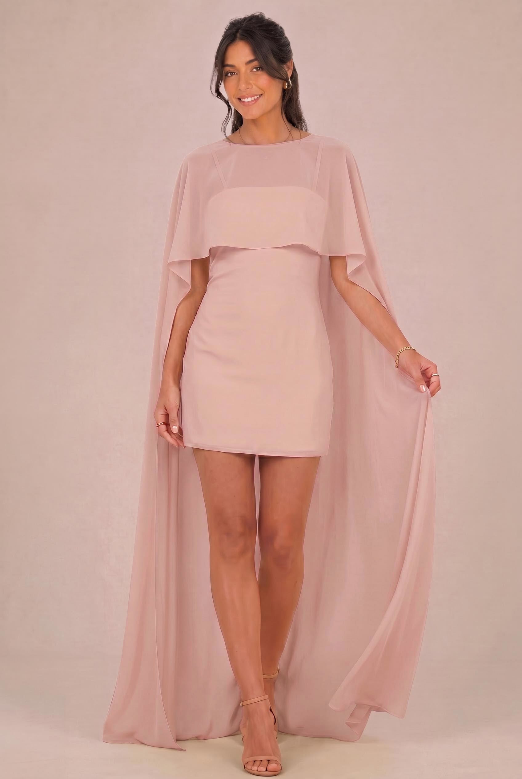 Chiffon Mini Bridesmaid Dress with Cape