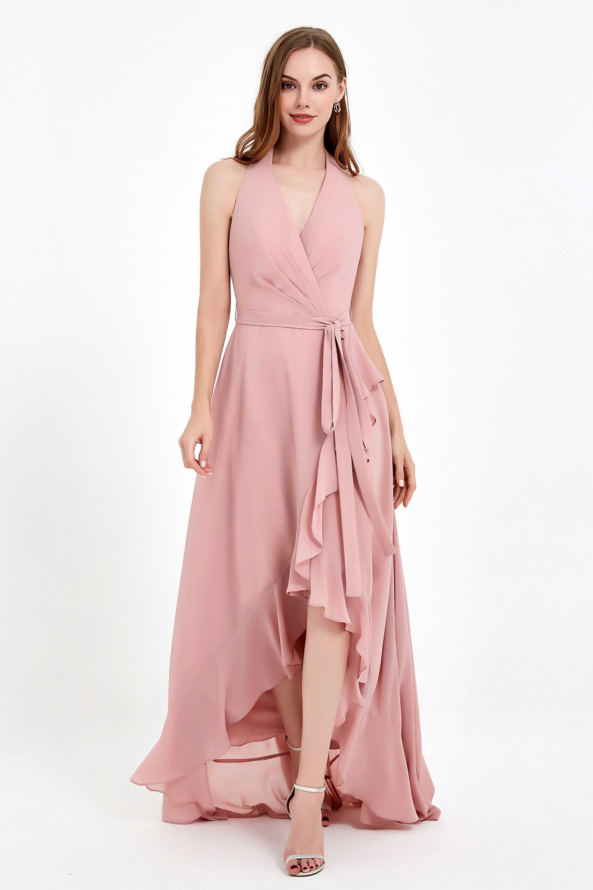 Halter High Neck Floral Print Chiffon High Low Dress