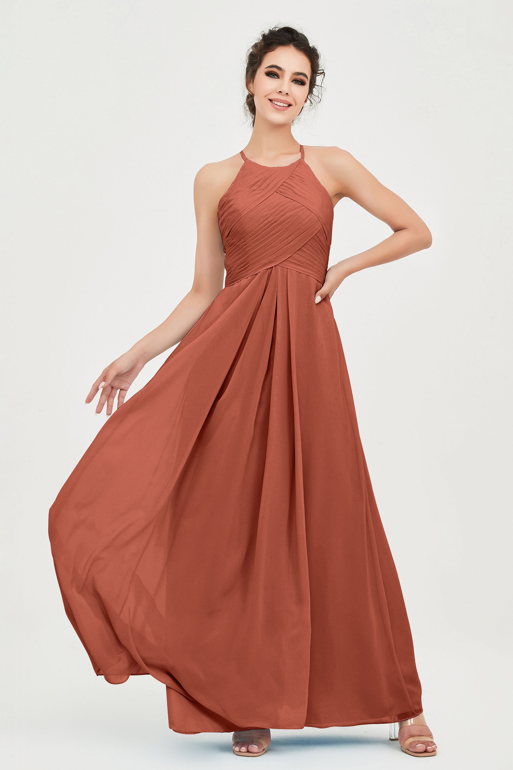 Maxi Long Chiffon Maid of Honor Occasion Dress Halter Neck Open Back