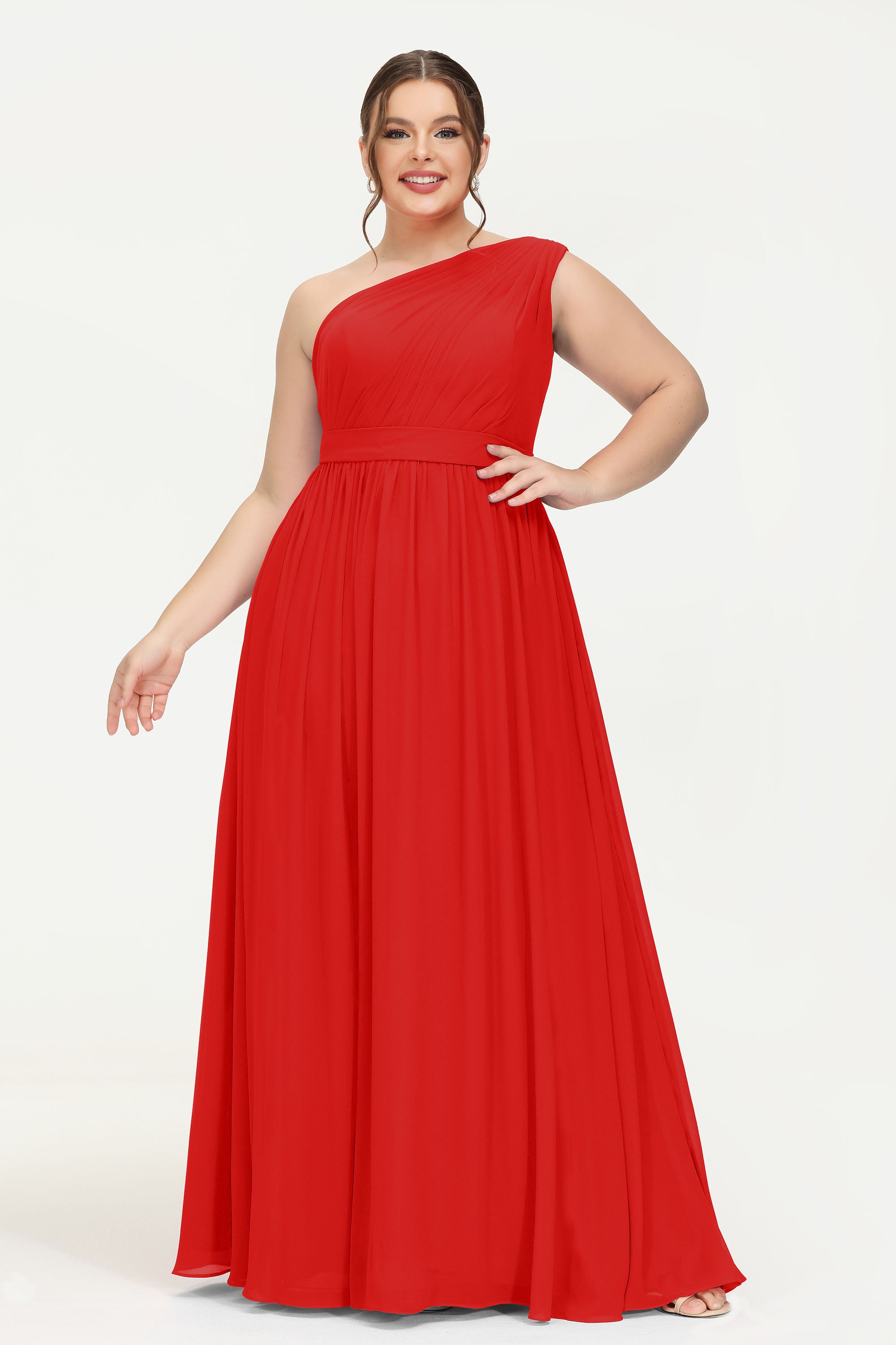 One Shoulder Pleated Simple Chiffon Maxi Plus Size Dress DUNTERY UK