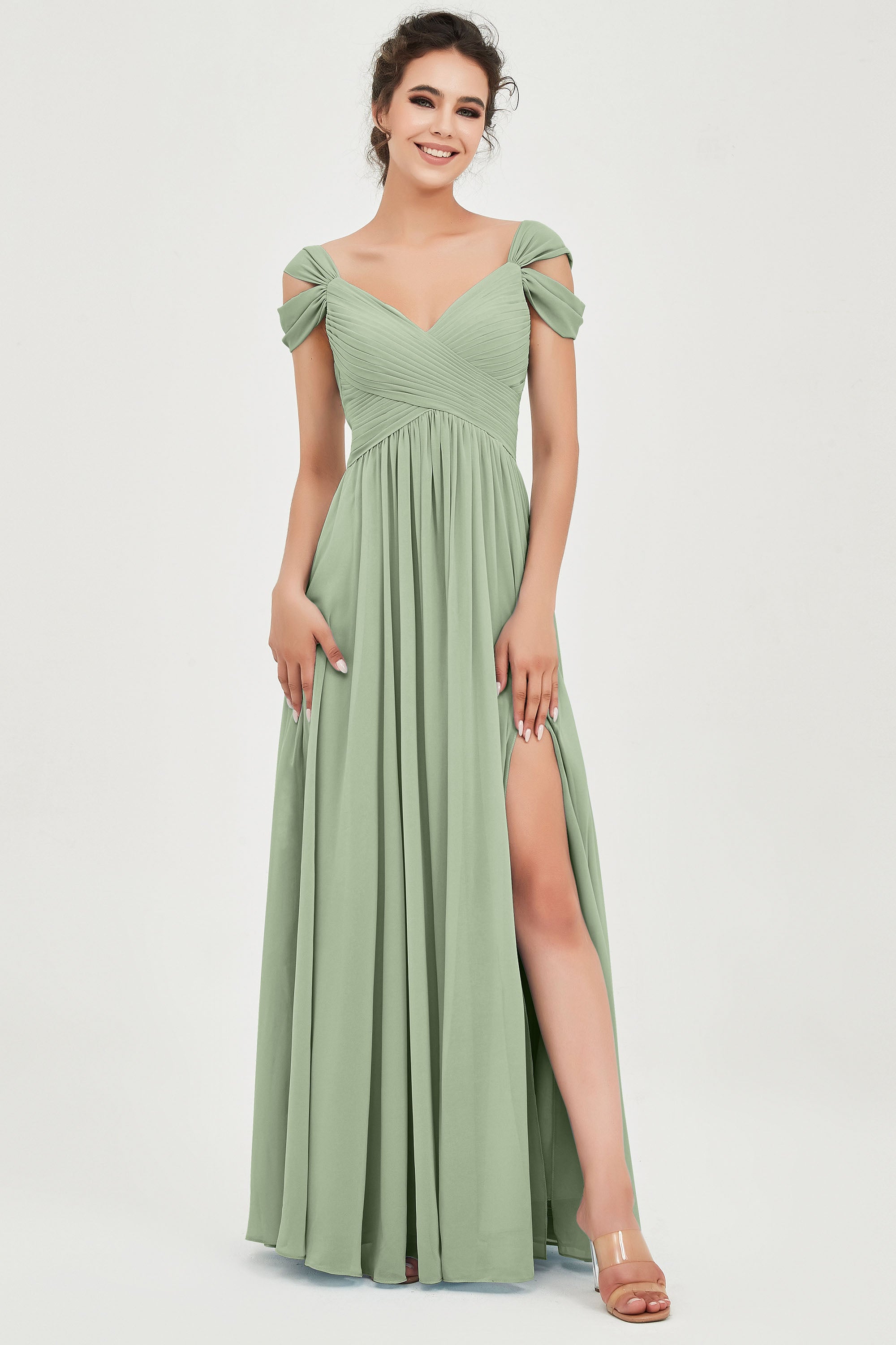 Cold-Shoulder Chiffon Empire Gown with Pockets Lime Green