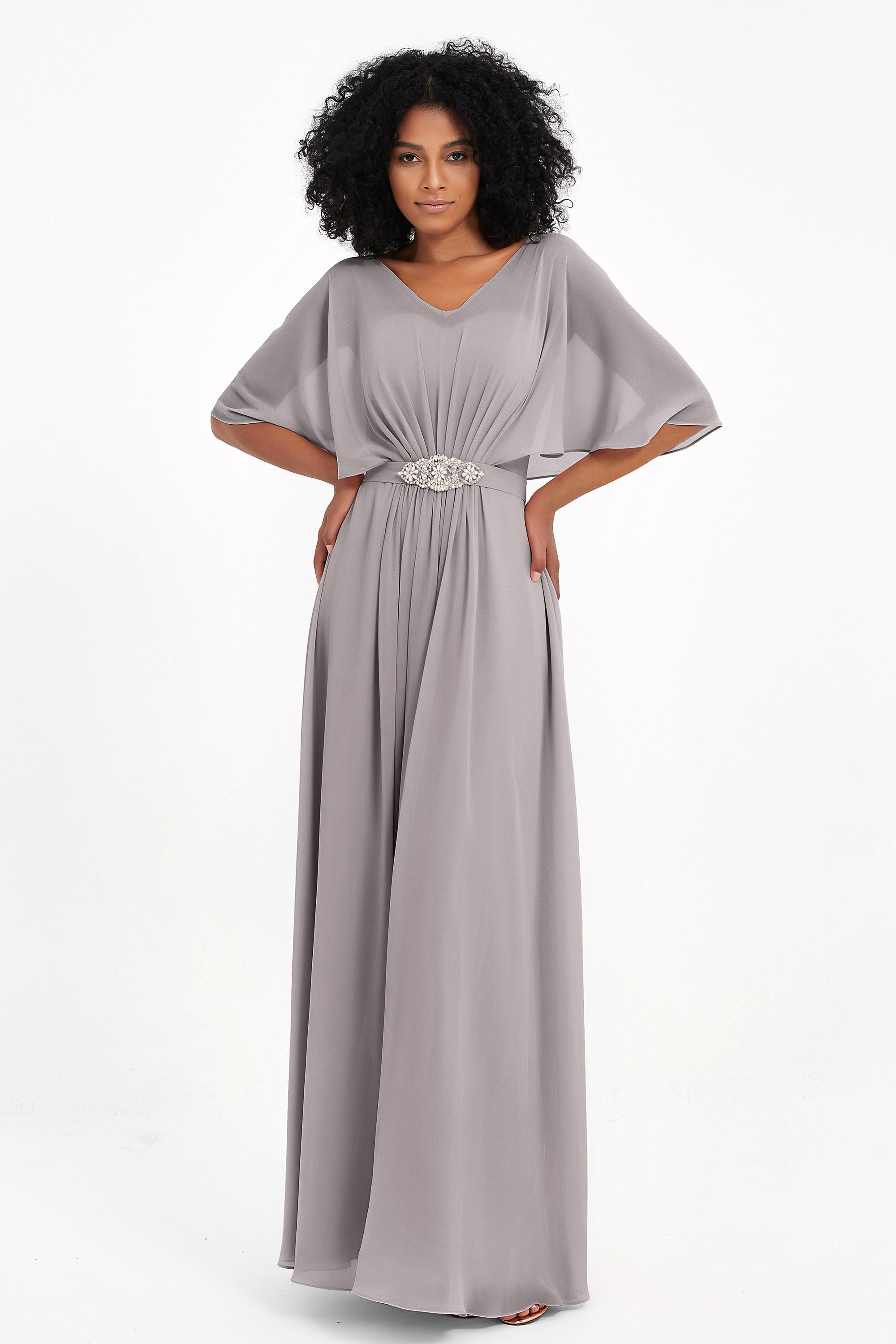 Long Chiffon Bridesmaid Dress with Flutter Sleeves Brown main image 0