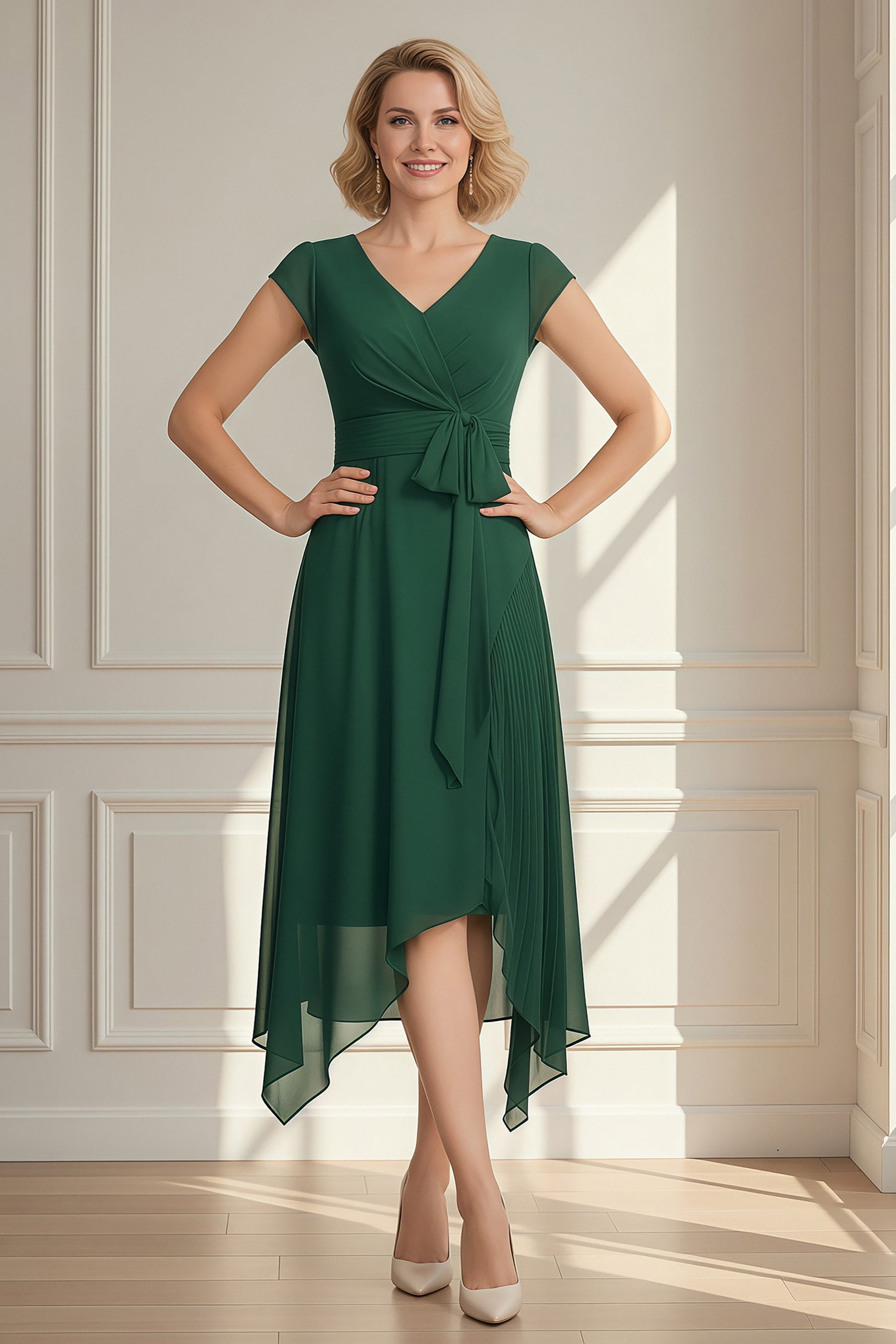 A-Line V-neck Pleated Asymmetrical Dress With Bow DUNTERY UK A-Line V-neck Pleated Asymmetrical Dress With Bow DUNTERY UK
