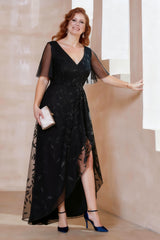 Embroidered Leaf Motif A-Line Gown with Flutter Sleeves