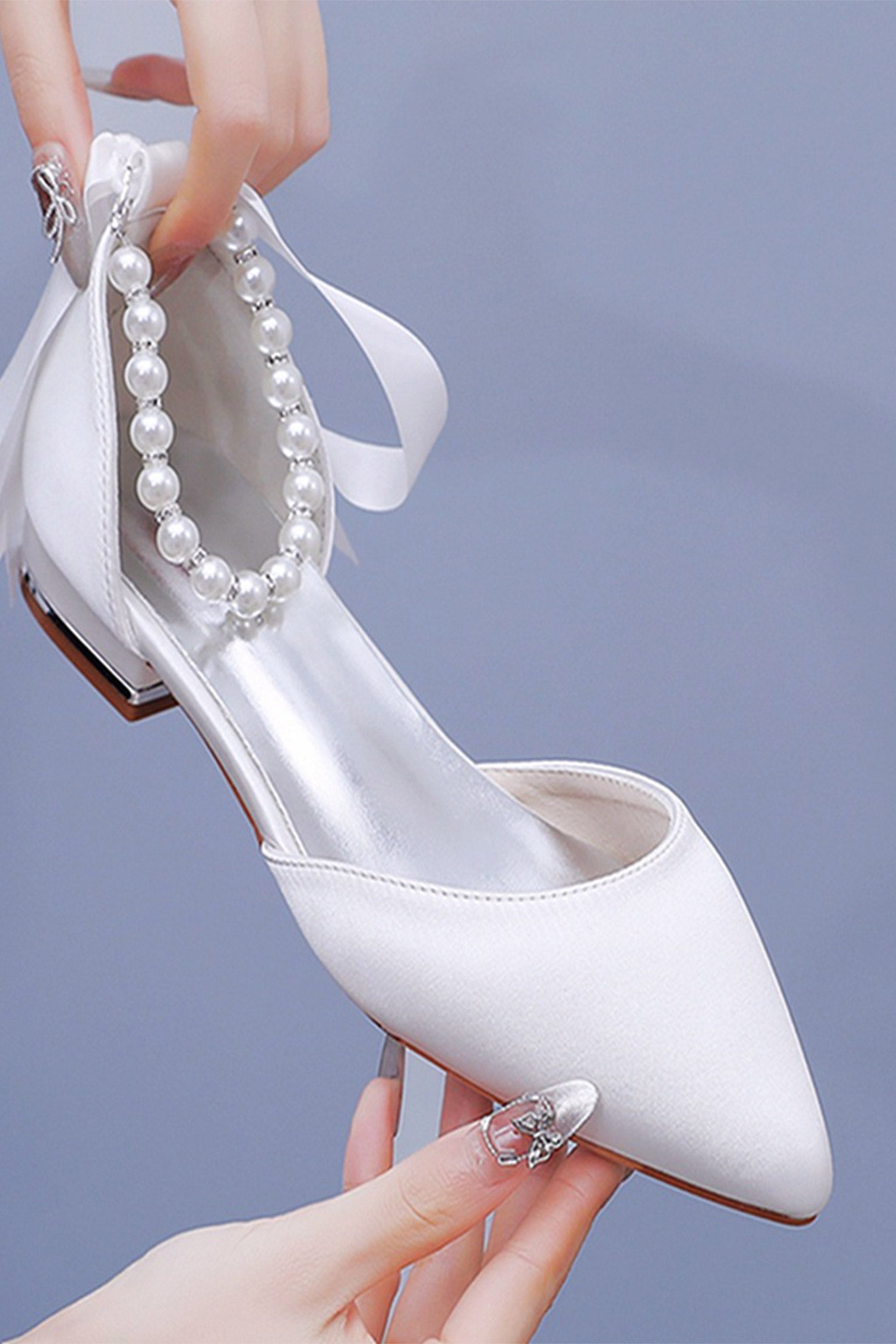 Low Heel Satin Bridal Shoes with Pearl – DUNTERY UK