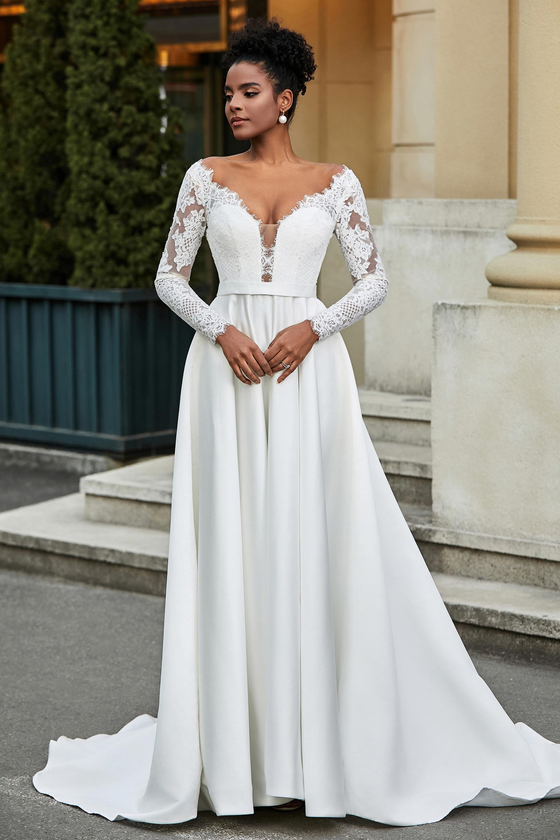 Plunging V-neck Long Sleeves A-Line Satin Sweep Train Wedding