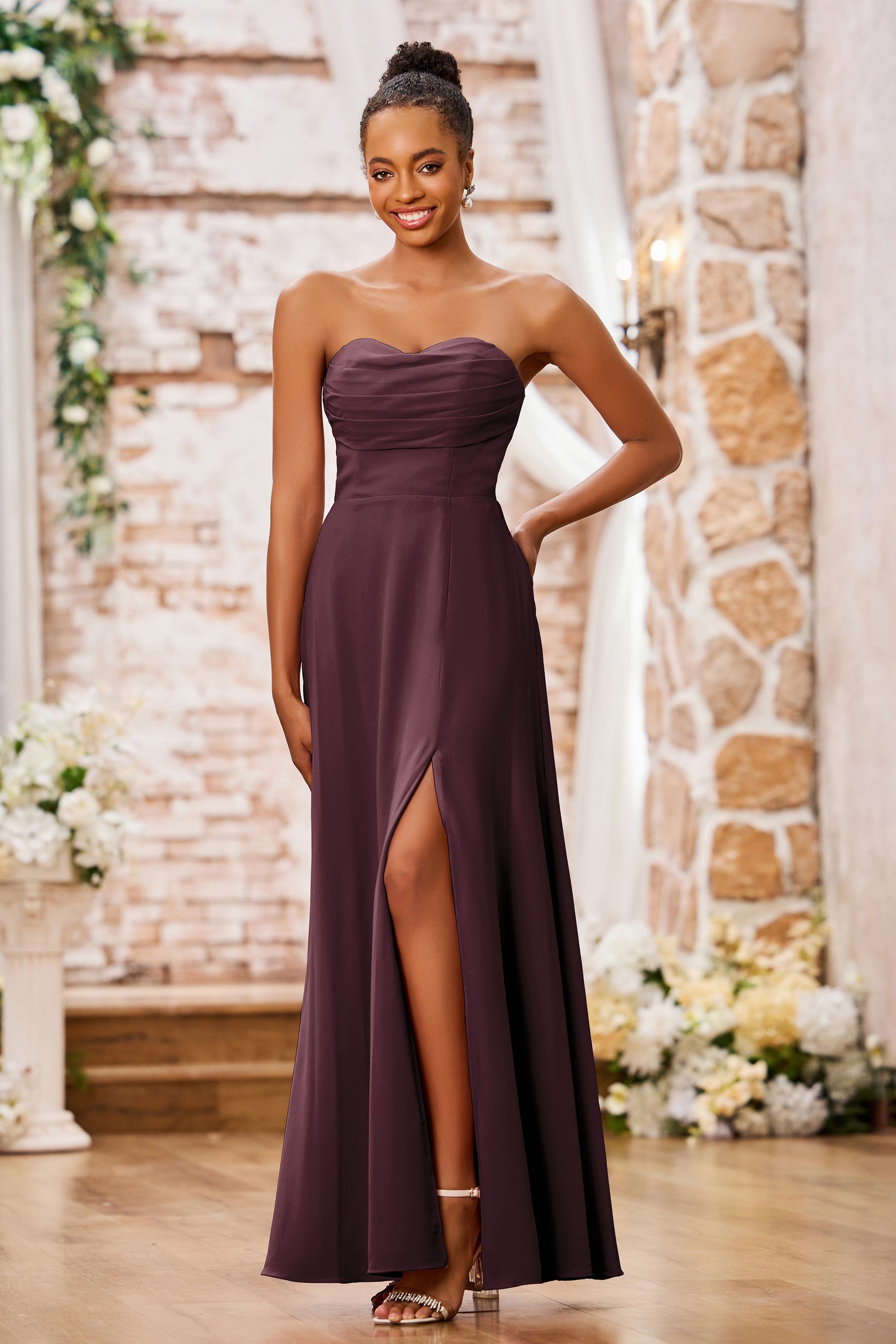 Strapless Sweetheart Neck Chiffon Long Slit Dresses DUNTERY UK Strapless Sweetheart Neck Chiffon Long Slit Dresses DUNTERY UK