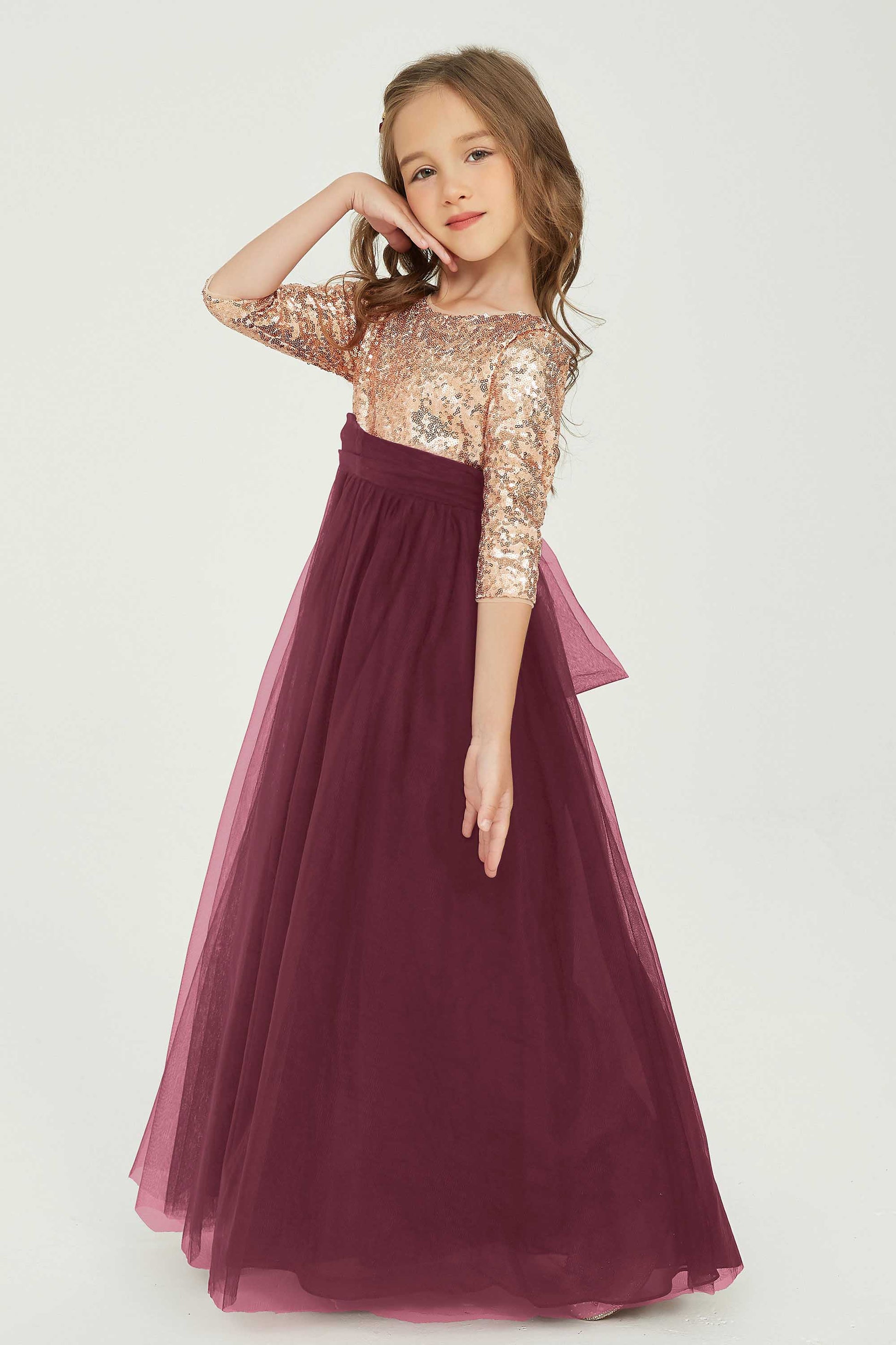 Duntery Scoop Neck Floor-Length Sequins Tulle Junior Bridesmaid Dress, Burgundy