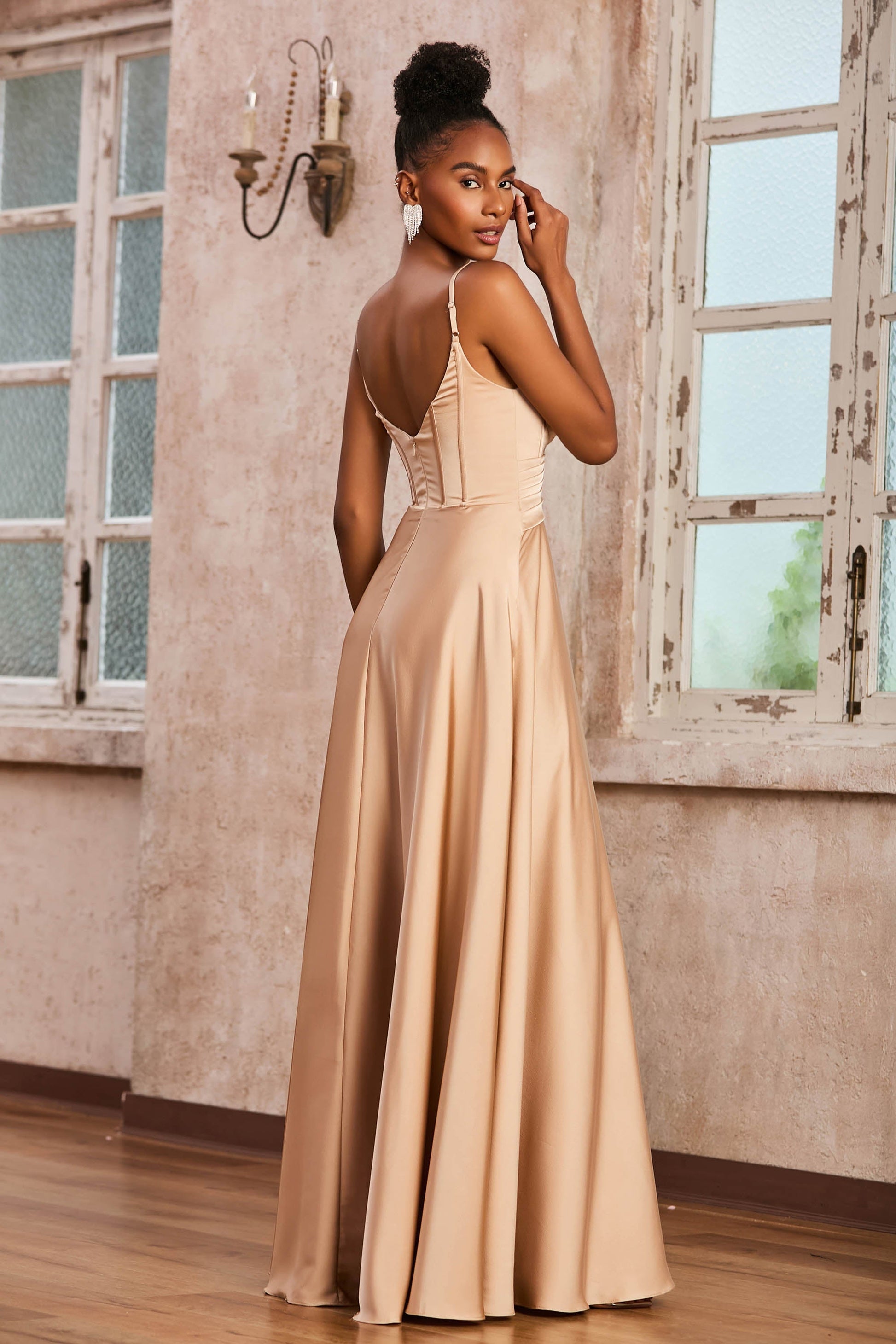 Duntery Pleated Waist Floor-Length A-Line Dress, Gold Duntery Pleated Waist Floor-Length A-Line Dress, Gold