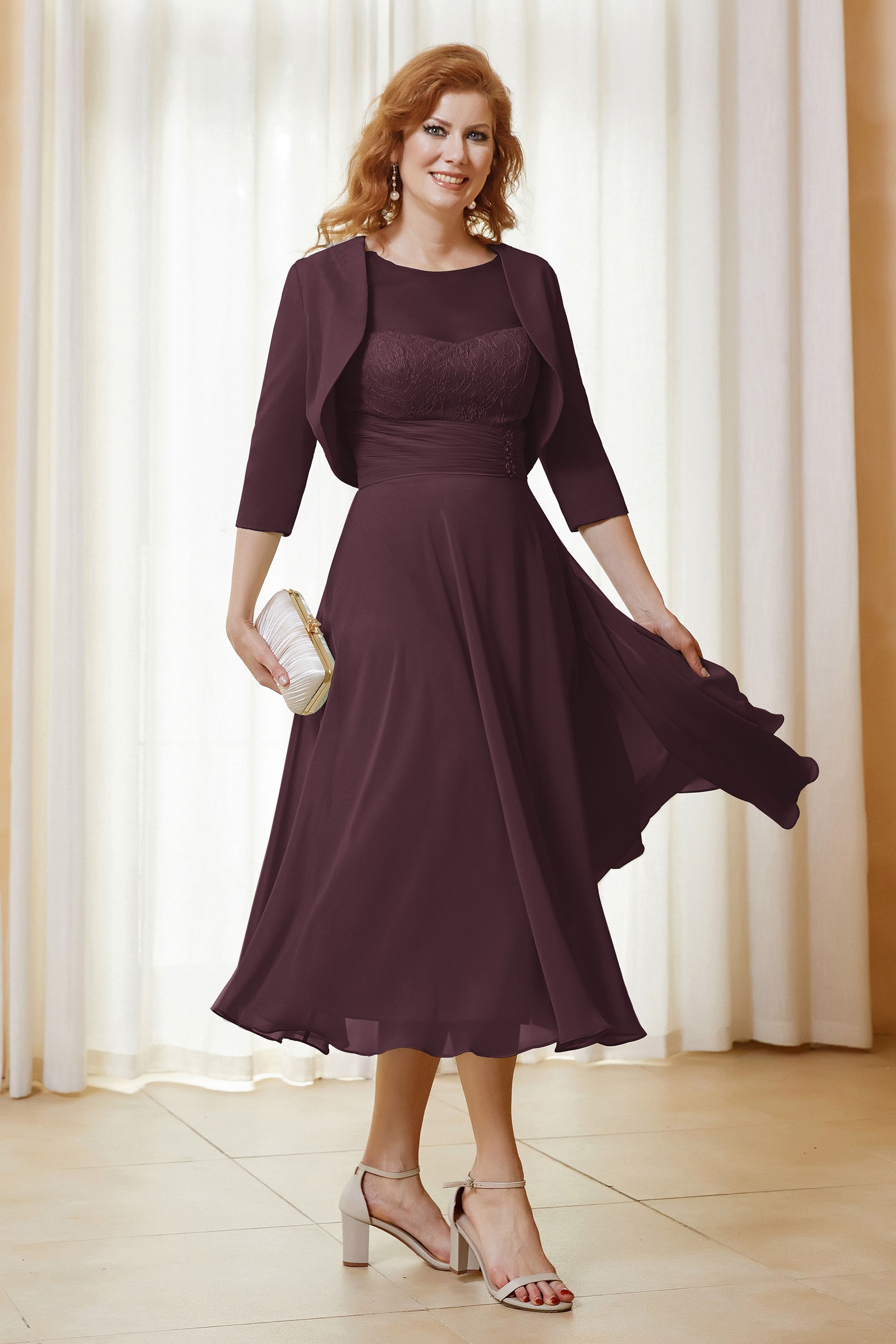 Ruched Chiffon A-Line Tea-Length Dress With Jacket – DUNTERY UK