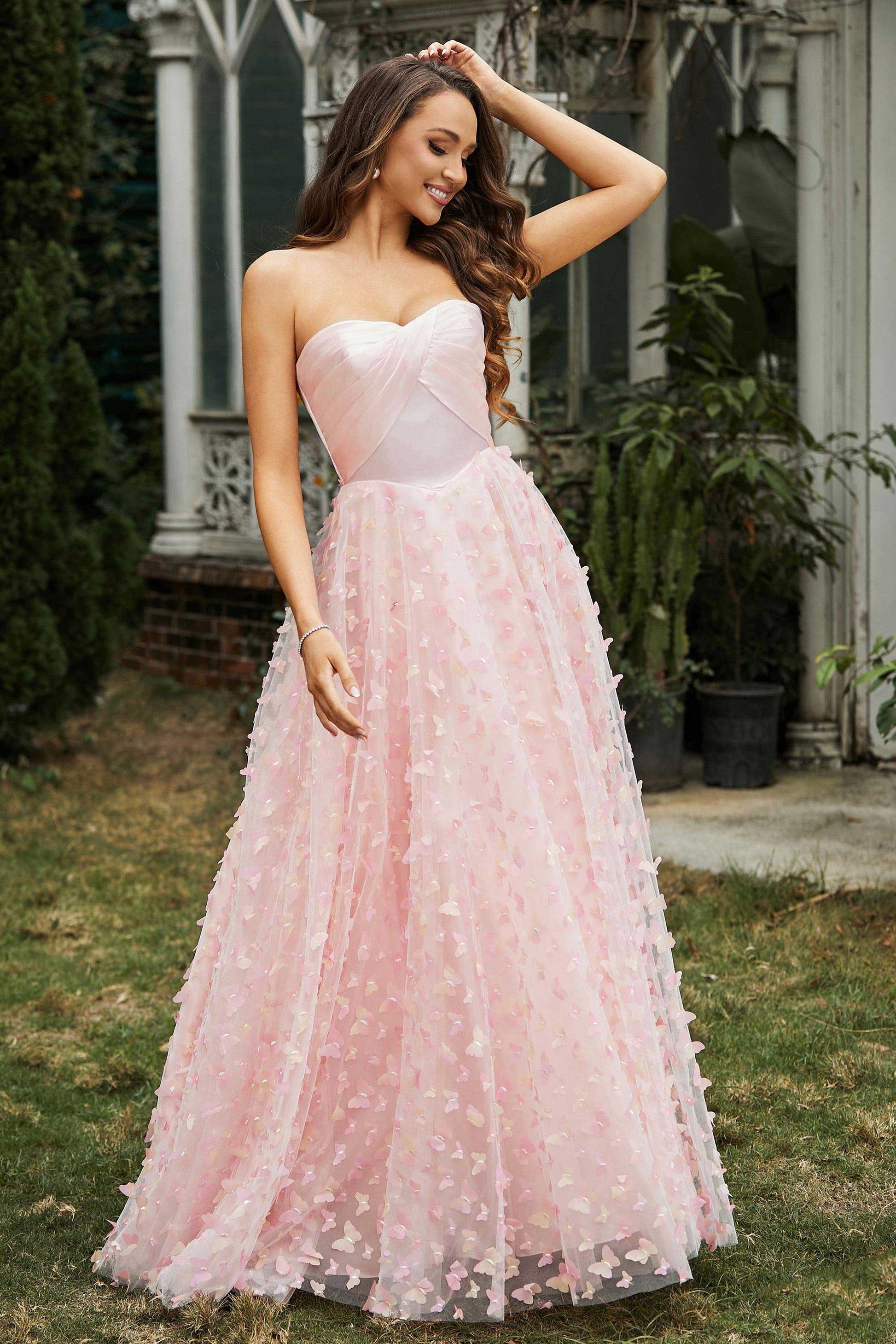 Formal Cute Red Dresses Sheer-Waist Long A-Line Prom Dress With Sequin Flowers Light Pink Formal Cute Red Dresses Sheer-Waist Long A-Line Prom Dress With Sequin Flowers Light Pink