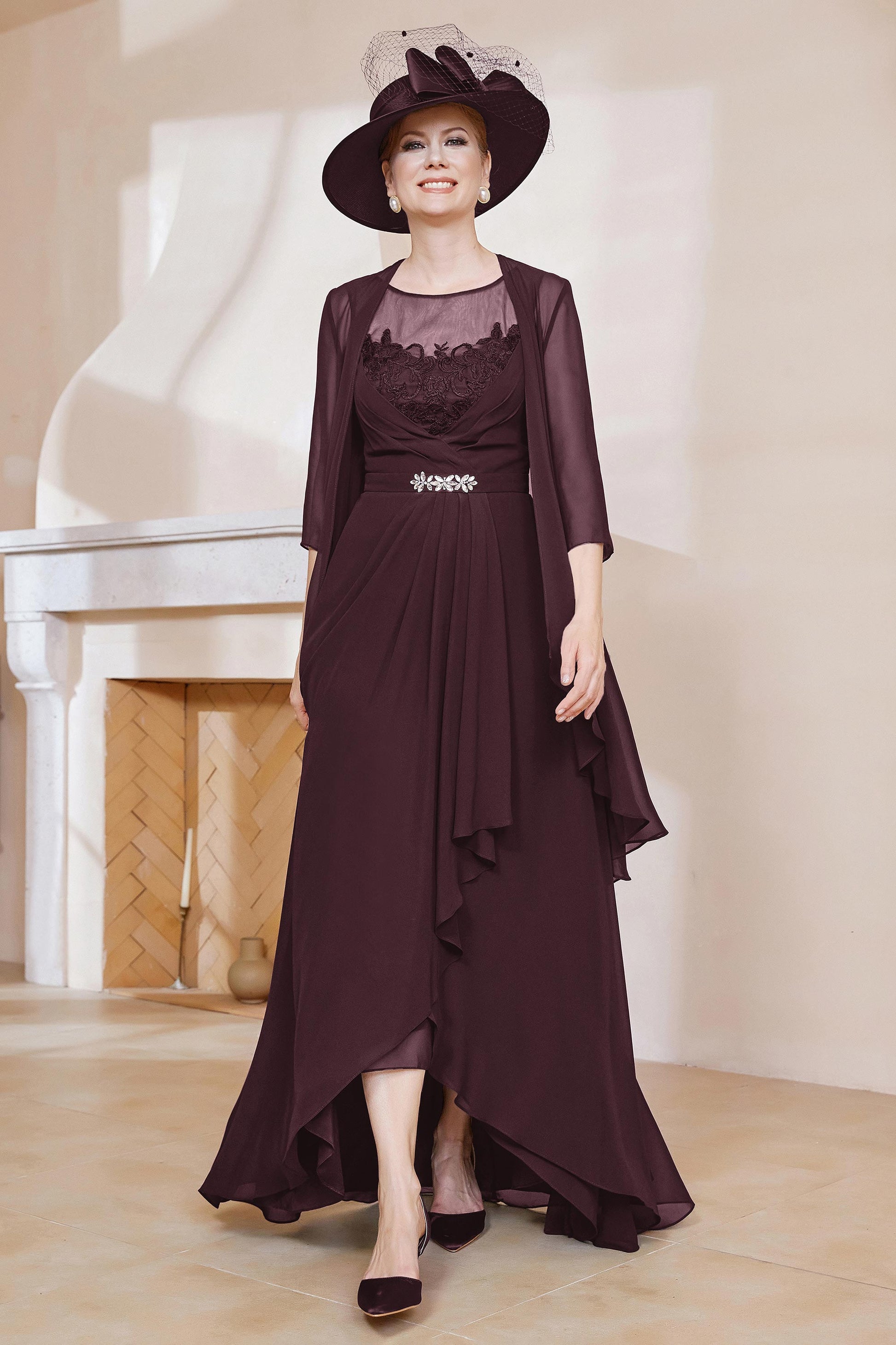 Bride Burgundy Dress With Mother Of The Groom Dresses Wine Color Illusion Neckline A-Line Asymmetrical Chiffon Dress With Jacket DUNTERY UK Bride Burgundy Dress With Mother Of The Groom Dresses Wine Color Illusion Neckline A-Line Asymmetrical Chiffon Dress With Jacket DUNTERY UK
