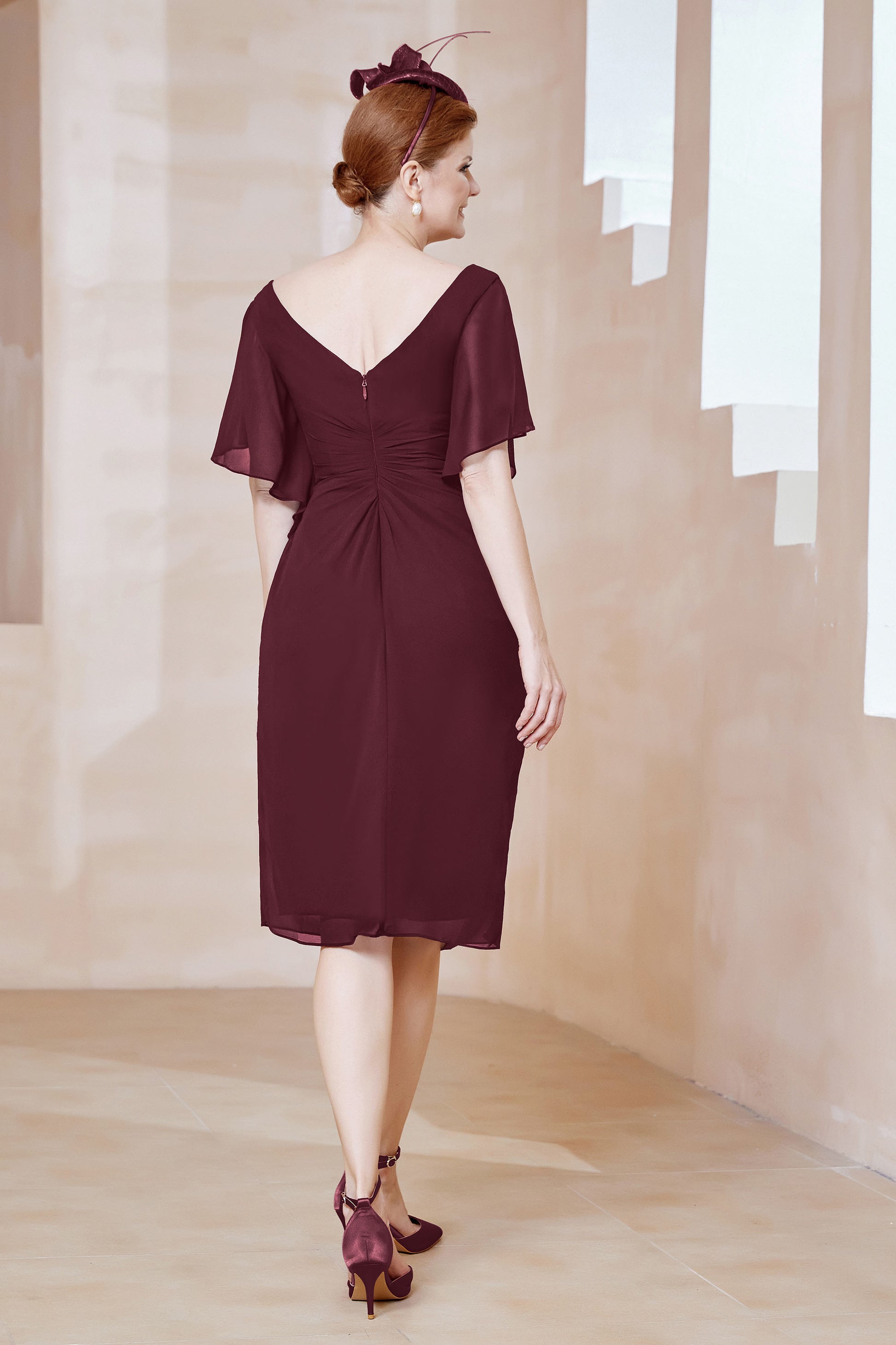 Duntery Mother of the Bride Dress Classy Flutter Sleeves Sheath Knee-Length Chiffon Dress, Coral Duntery Mother of the Bride Dress Classy Flutter Sleeves Sheath Knee-Length Chiffon Dress, Coral