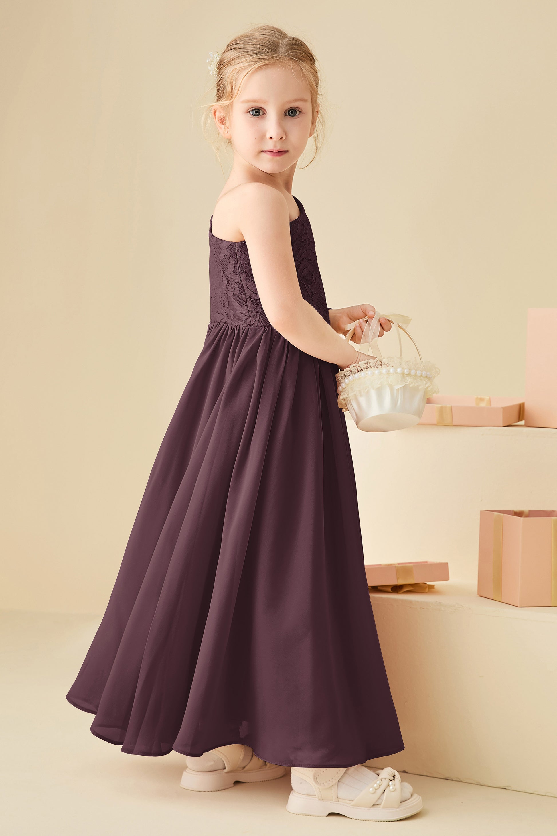 Duntery One Shoulder Lace Top Junior Bridesmaid Dress Mulberry