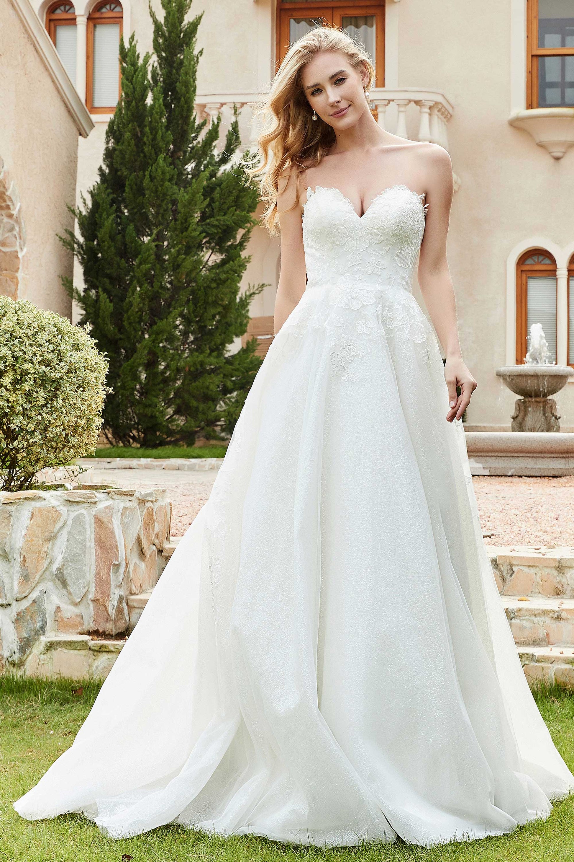 Sweetheart Strapless A-Line Sweep Train Tulle Wedding Dress – DUNTERY UK