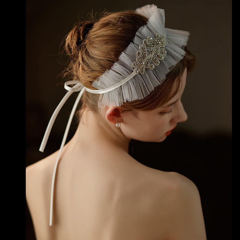 Bridal Beaded Silver Lace Up Bow Headband