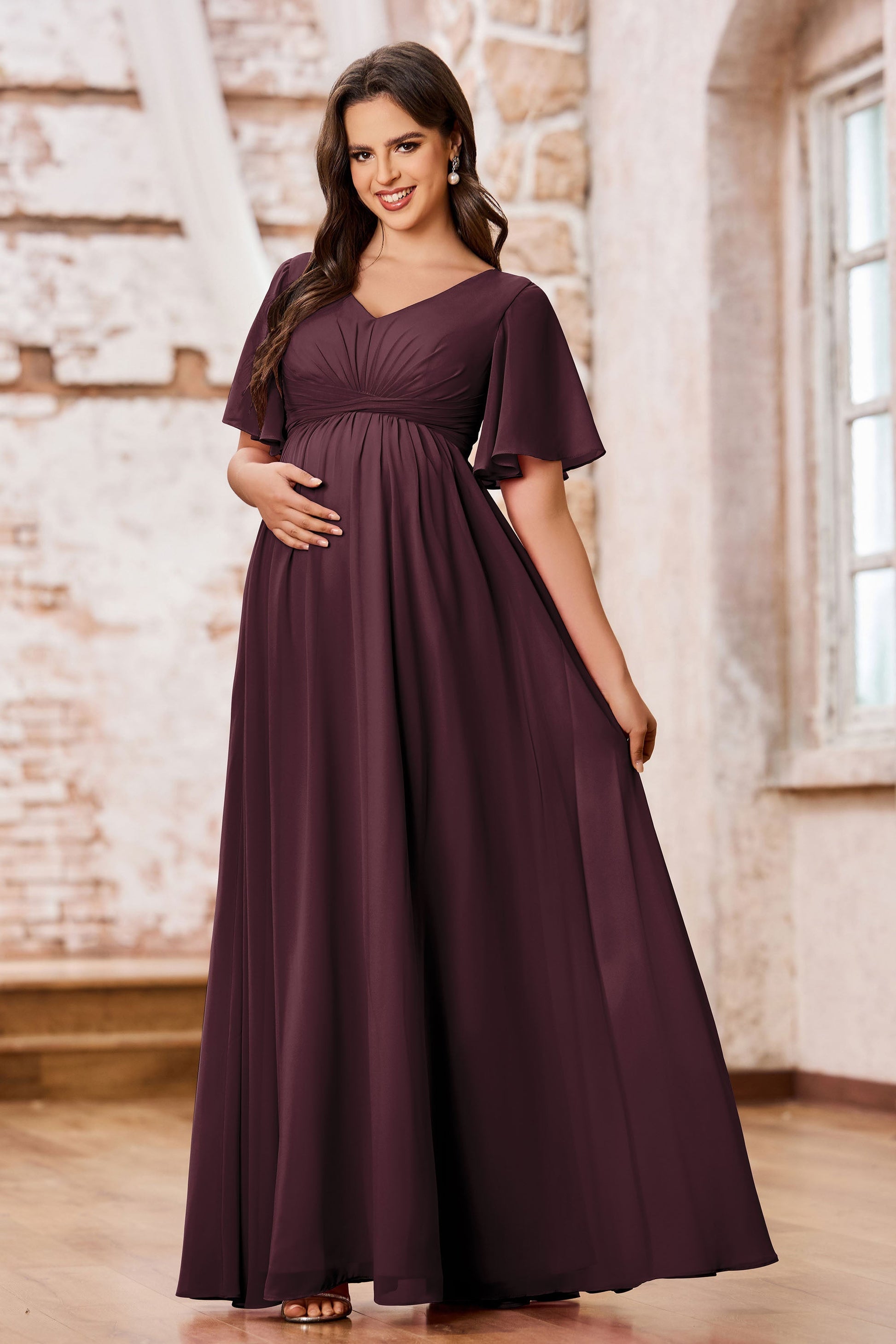 Plus Size Maternity Evening Dresses Uk V-neck Chiffon Empire