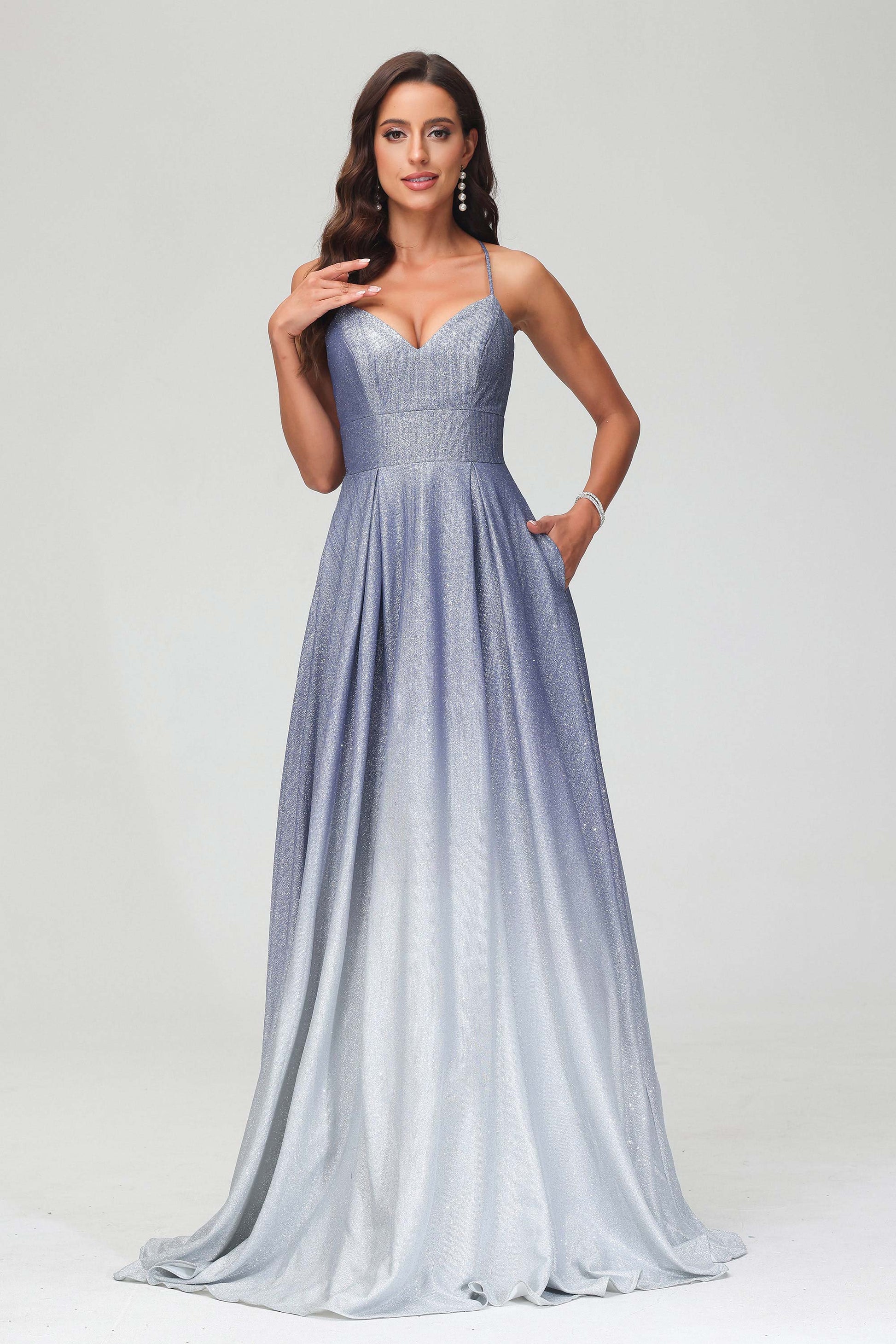 Spaghetti Straps V Neck Ombre Glitter Sweep Train Dress DUNTERY UK Spaghetti Straps V Neck Ombre Glitter Sweep Train Dress DUNTERY UK