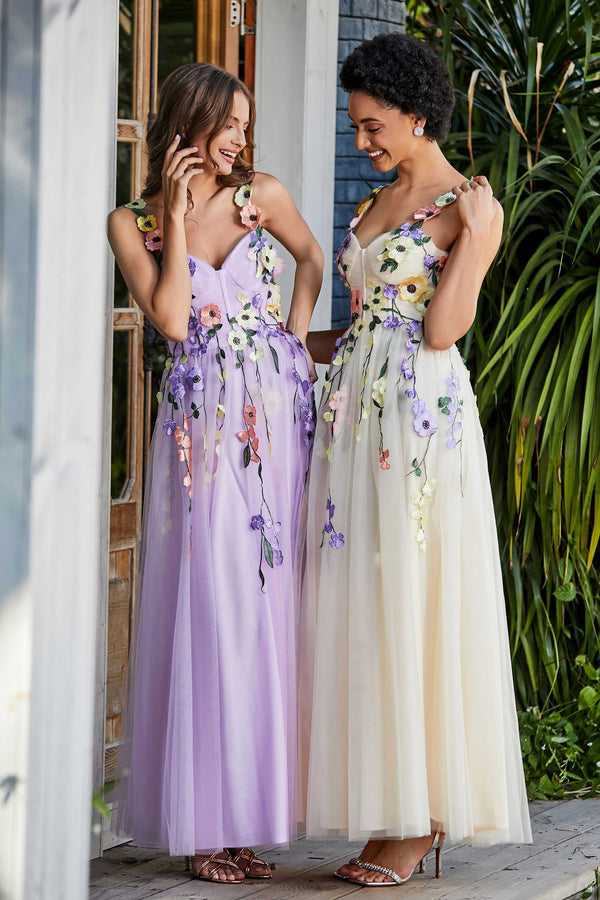 Light Purple Tulle A Line V Neck Long Prom Dresses PL488 | Promnova