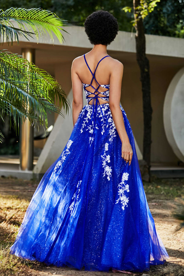 Tina Holly Couture Designer TW004 Royal Blue Lace Up Back Silky Satin