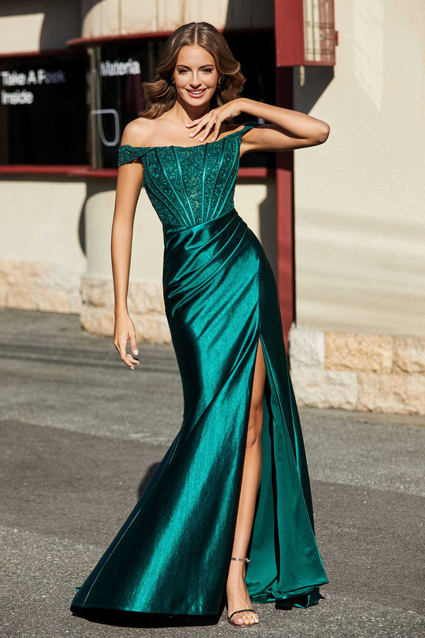 Off the Shoulder High Slit Emerald Green Satin Long Prom Dresses