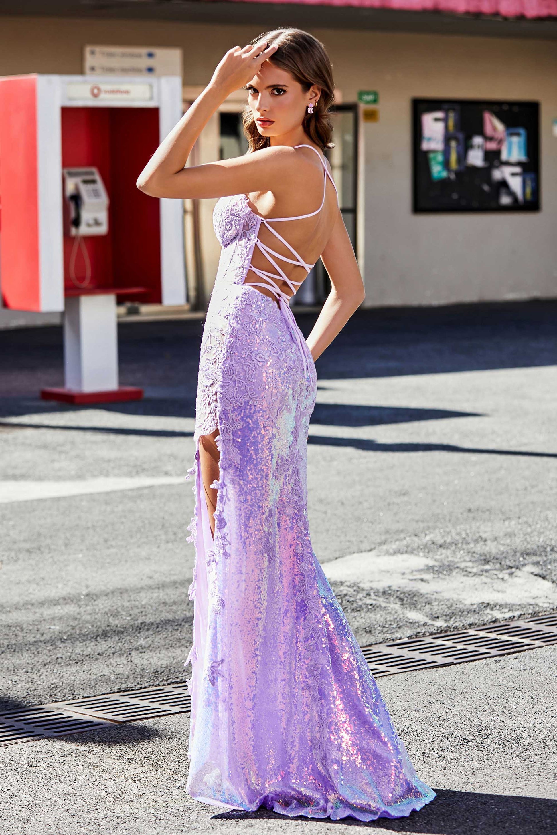 Duntery Corset Top Lace Up Back Sequin Gown, Lilac Duntery Corset Top Lace Up Back Sequin Gown, Lilac