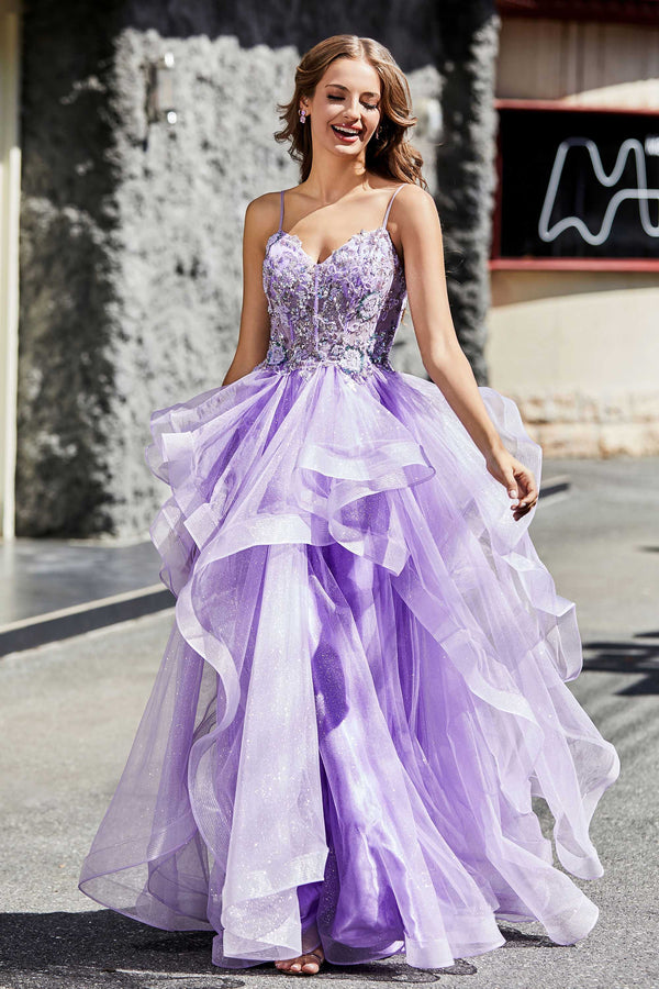 A Line Off the Shoulder 2024 Purple Tulle Prom Dresses Long