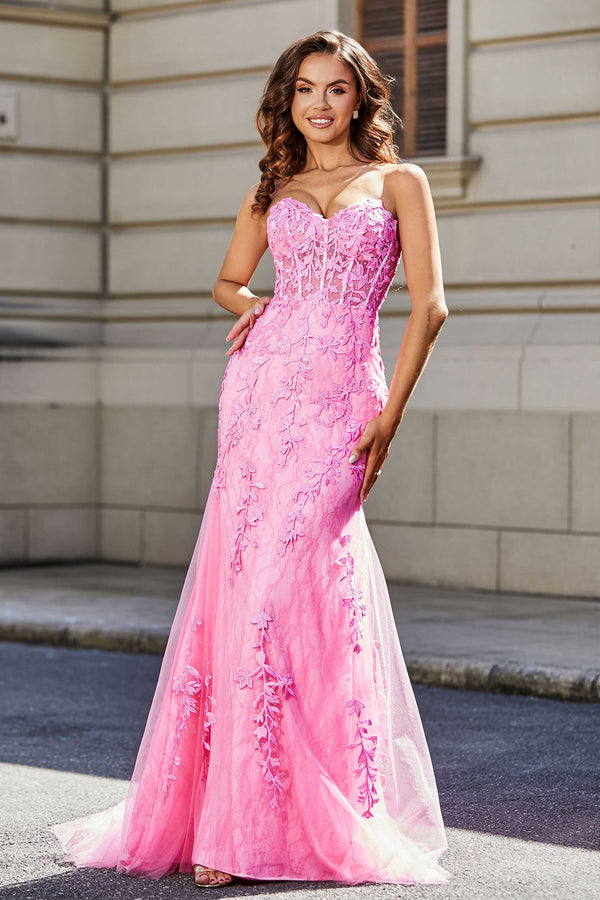 Long Mermaid 2024 Pink Prom Dresses Lace Strapless with Split – MyChicDress