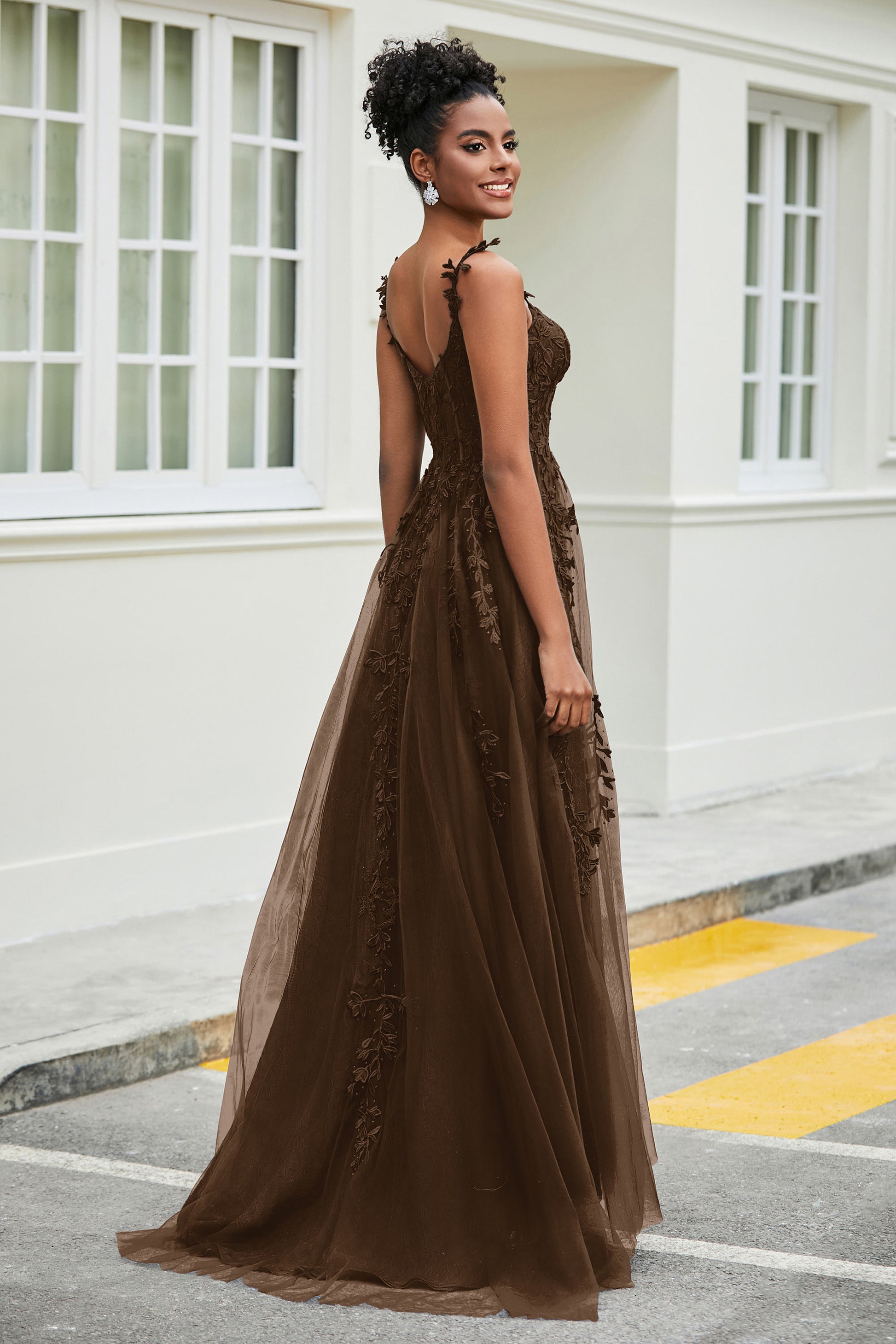 brown tulle dress Duntery Applique Sweep Train A-Line Tulle Dress With Slit, Lilac