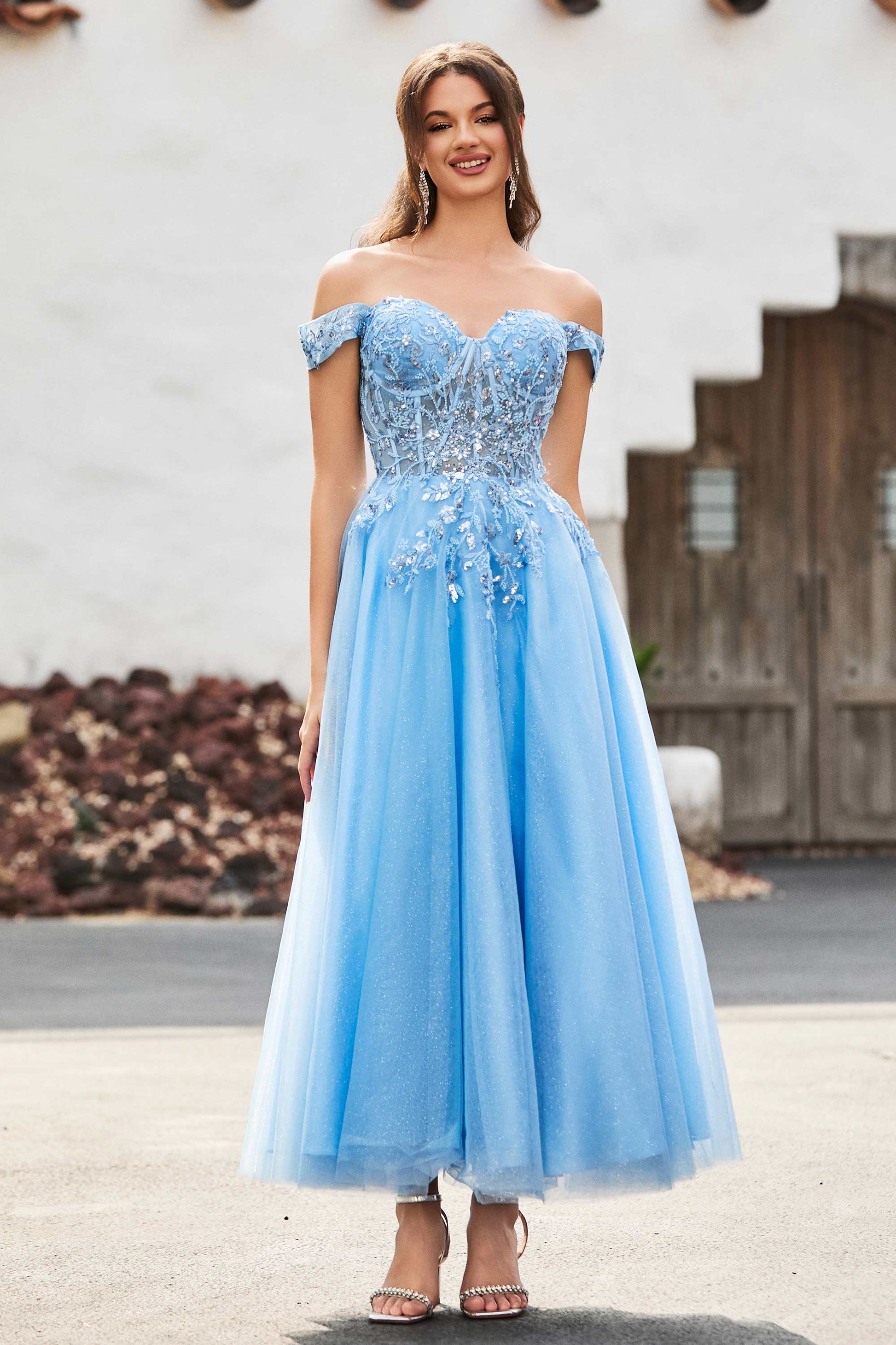 Tea-Length Off-the-Shoulder Tulle Dress DUNTERY UK Tea-Length Off-the-Shoulder Tulle Dress DUNTERY UK