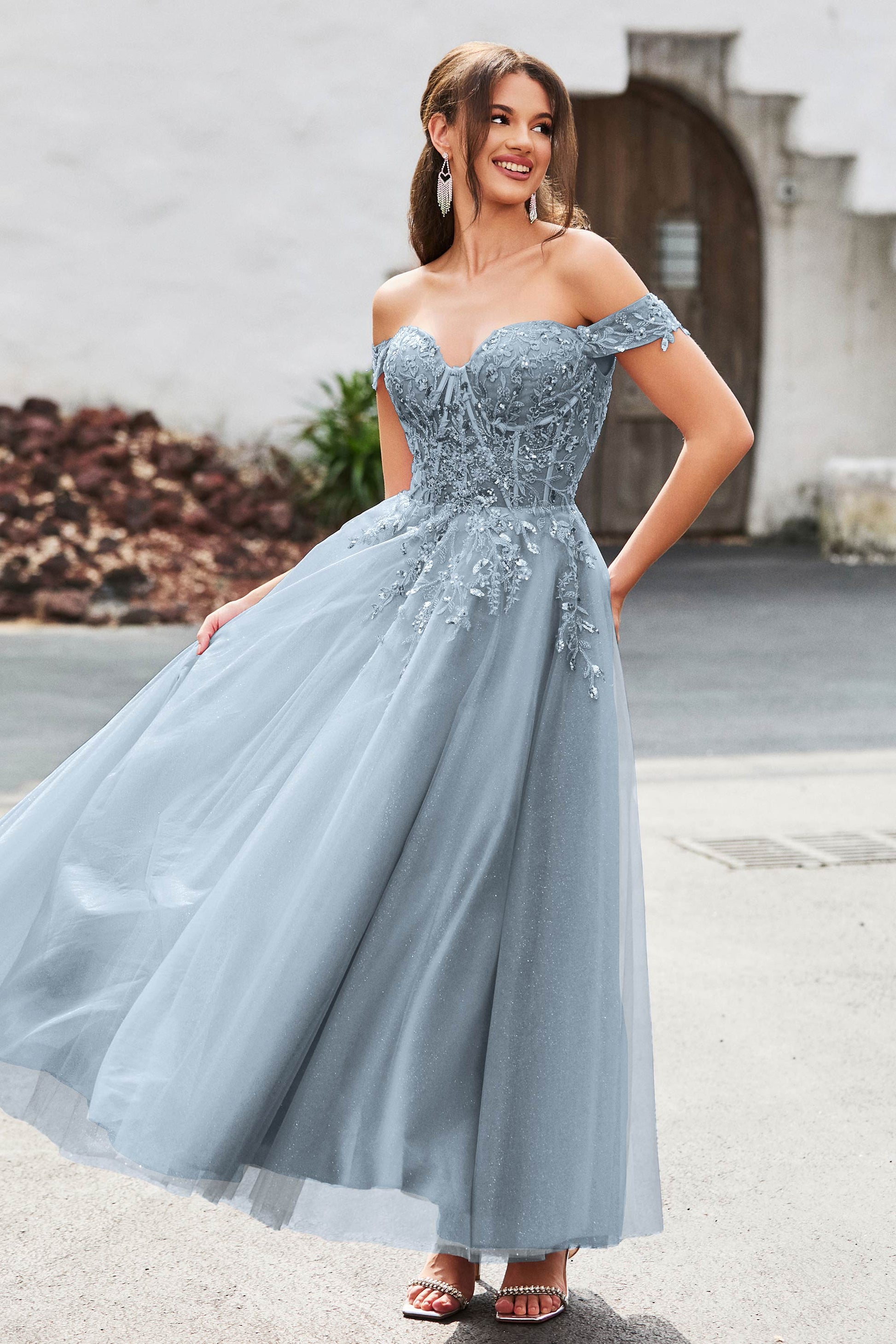 Tea Length Off The Shoulder Glitter Dress Off Shoulder Silver Tea