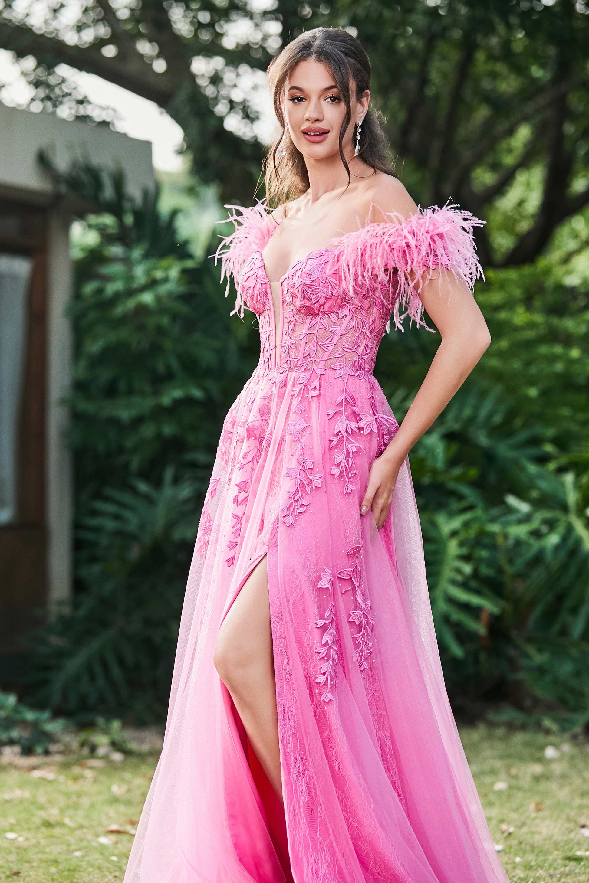 Feather Off Shoulder Applique Long Dress With Slit DUNTERY UK Feather Off Shoulder Applique Long Dress With Slit DUNTERY UK
