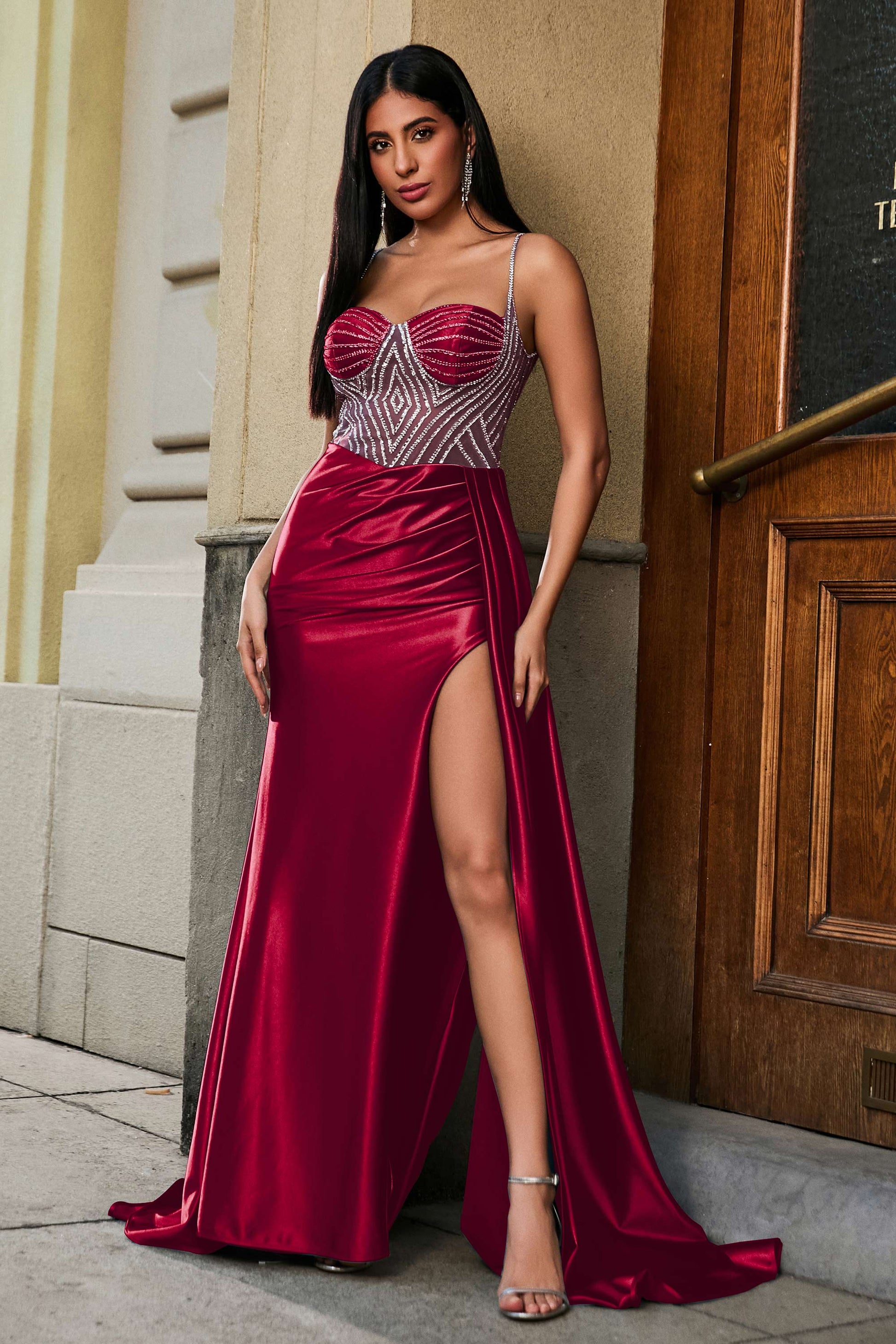 Rhinestone See-through Pleated Dress With High Slit DUNTERY UK Rhinestone See-through Pleated Dress With High Slit DUNTERY UK