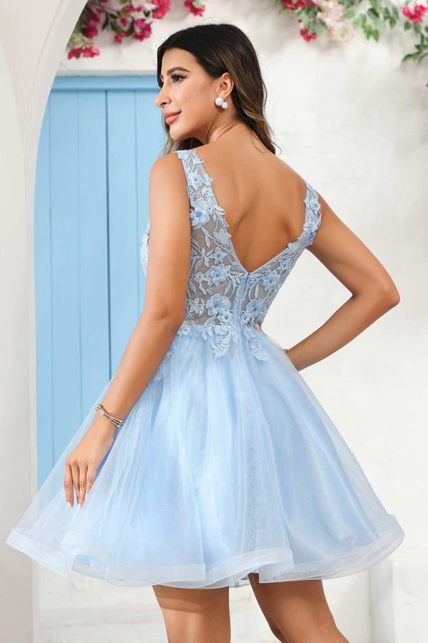 Simple v neck blue short prom dress blue homecoming dress – dresstby