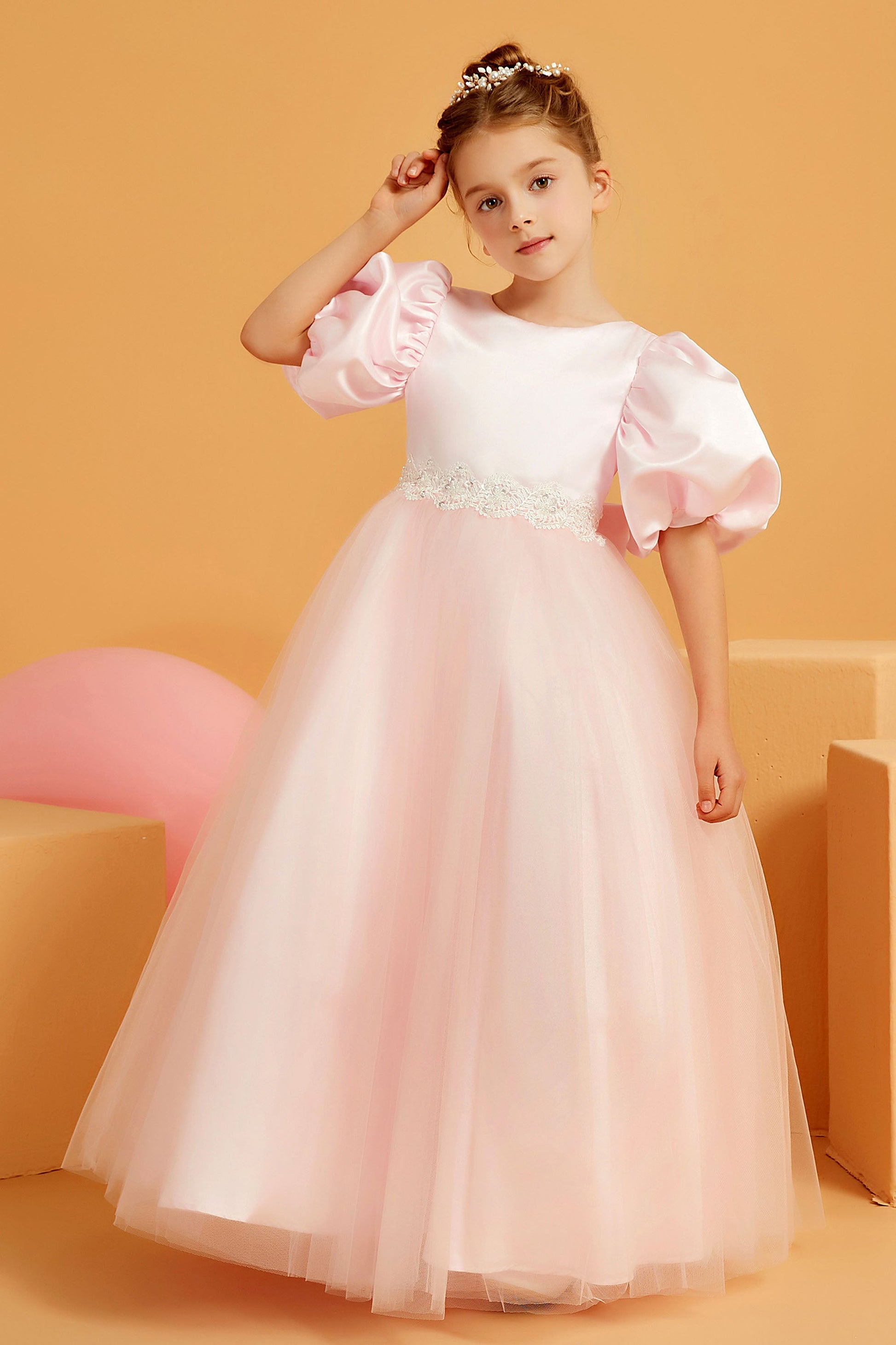 Puff Sleeves Satin Tulle Maxi Flower Girl Dress – DUNTERY UK